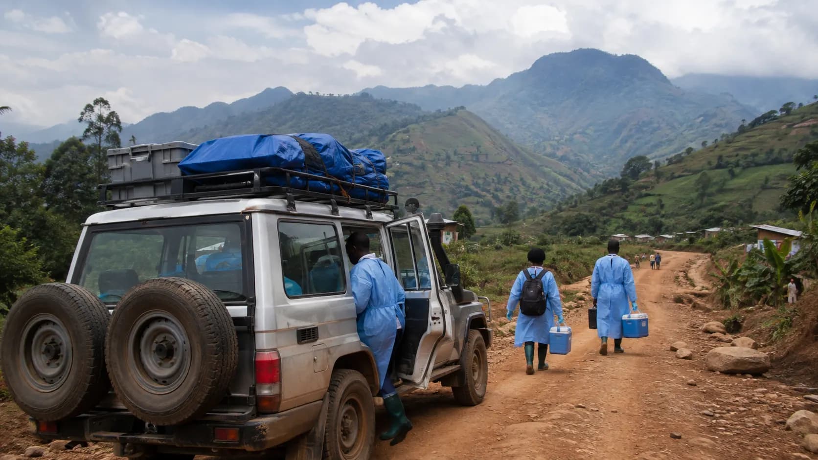 A public-health response team travelling through a rural area of eastern Democratic Republic of the Congo with medical supplies.