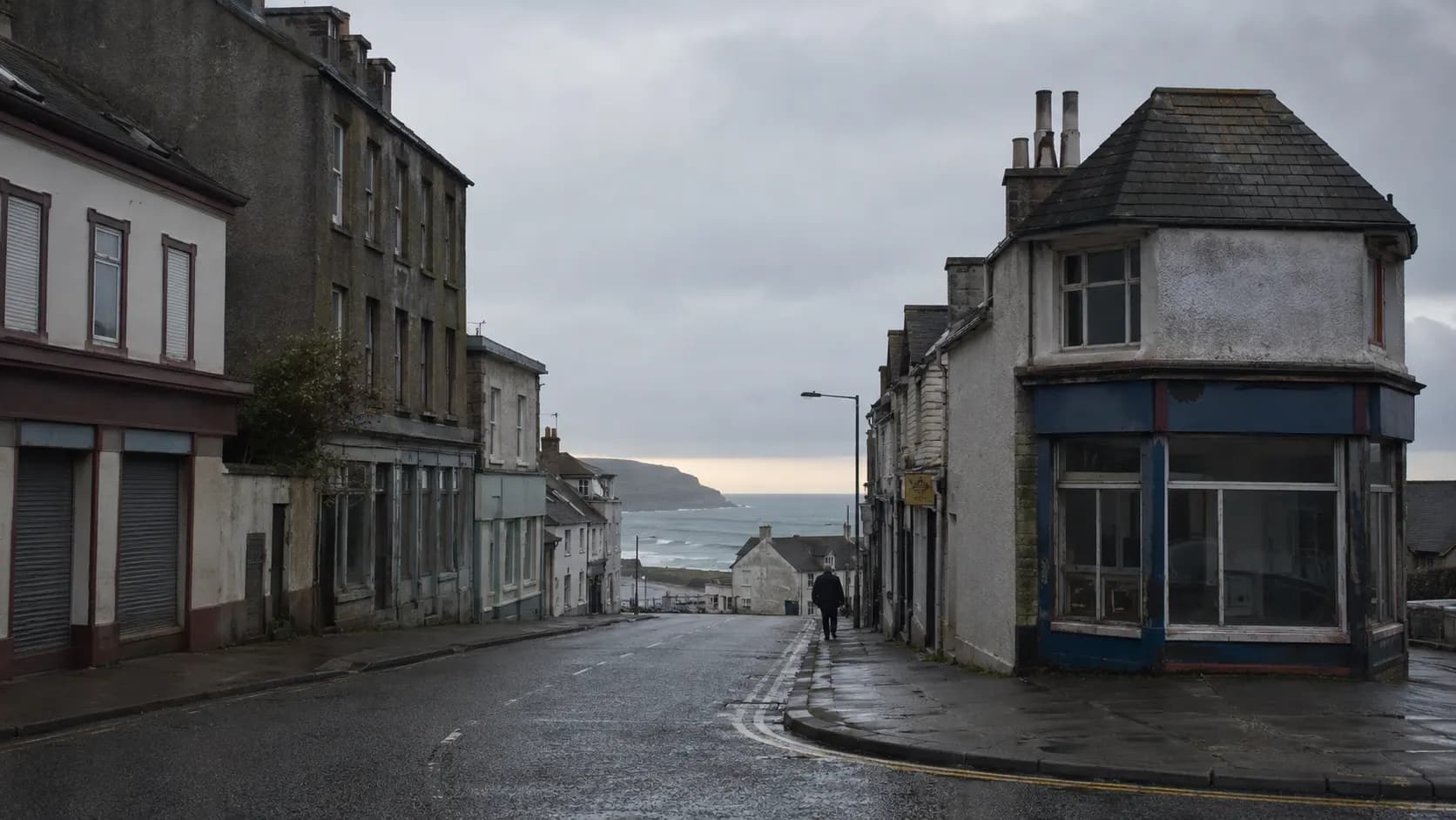 An off-season coastal town with older housing and quiet streets near the sea