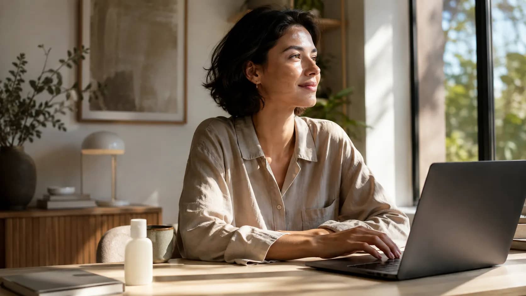A person working beside a sunny window with sunscreen on the desk.