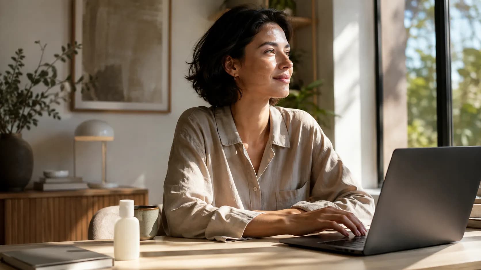 A person working beside a sunny window with sunscreen on the desk.