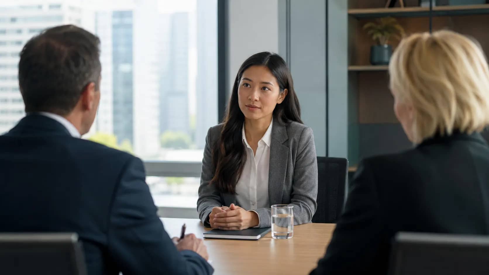 Job candidate answering questions during a professional interview.