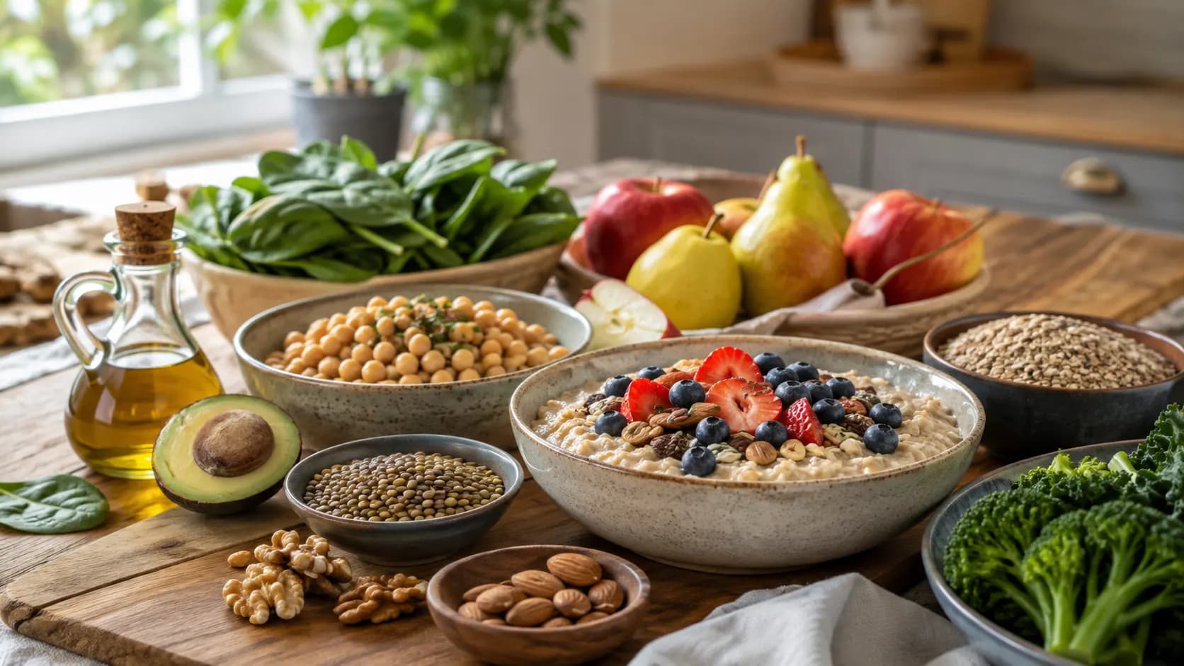 Oatmeal, beans, nuts, fruit, vegetables and olive oil arranged as part of a heart healthy eating pattern.