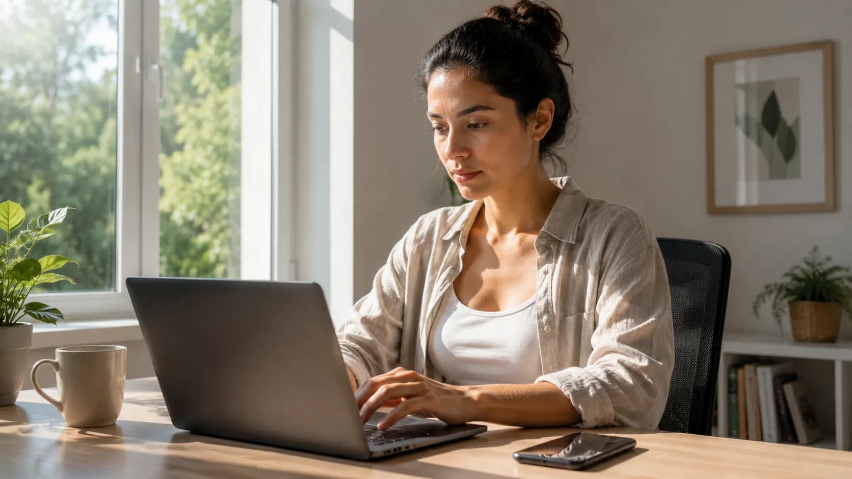A person using a laptop beside a bright window with natural daylight illuminating their face.