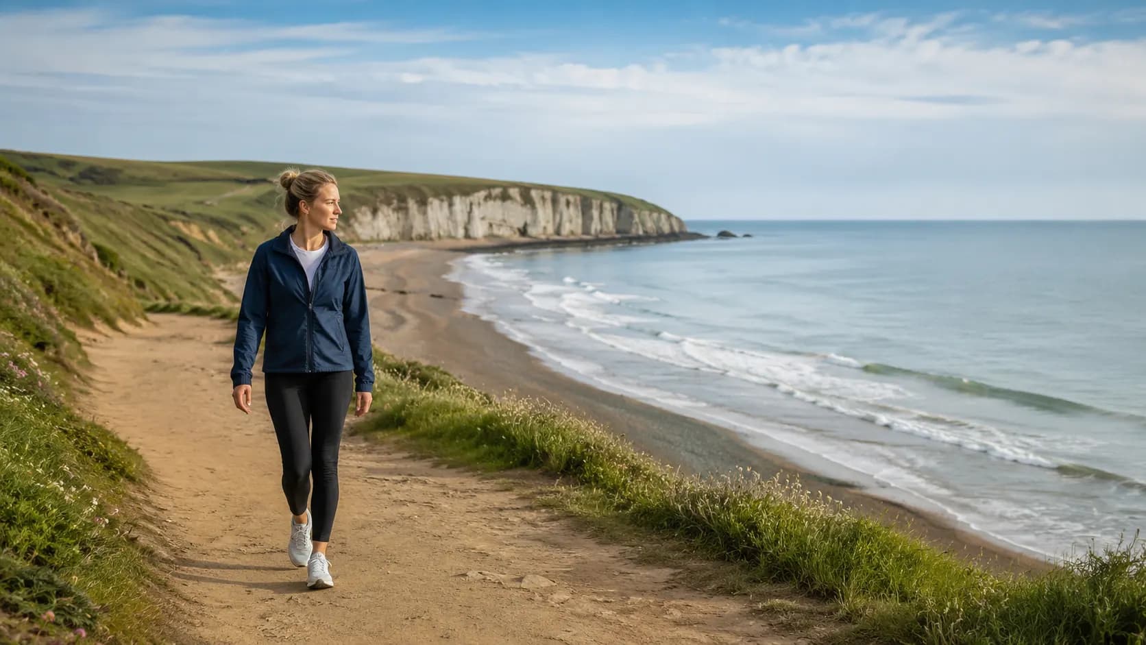 An adult walking along a coastal path with the sea visible nearby.