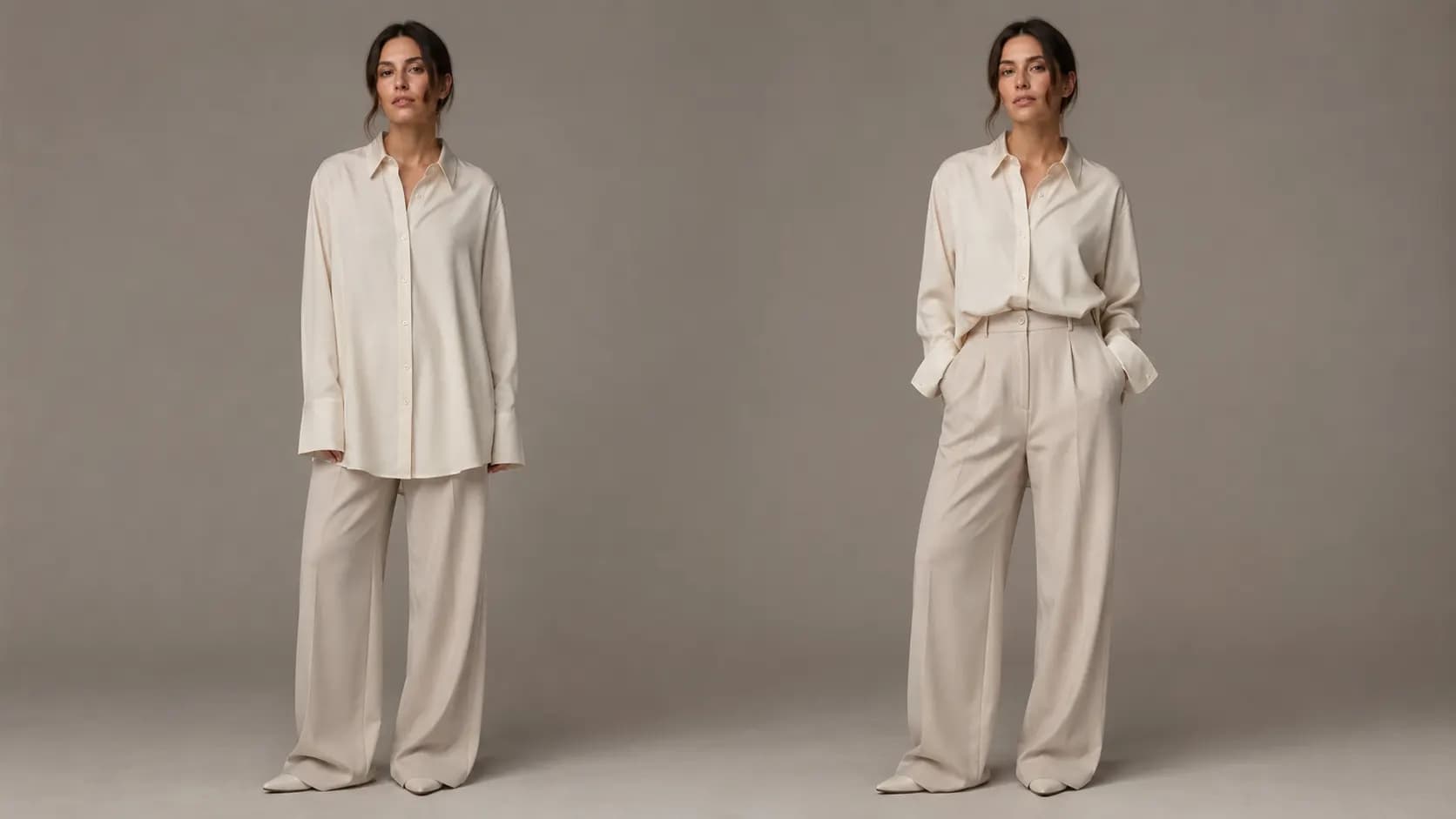 Two styling versions of the same oversized shirt and wide trousers, one untucked and one partially tucked.