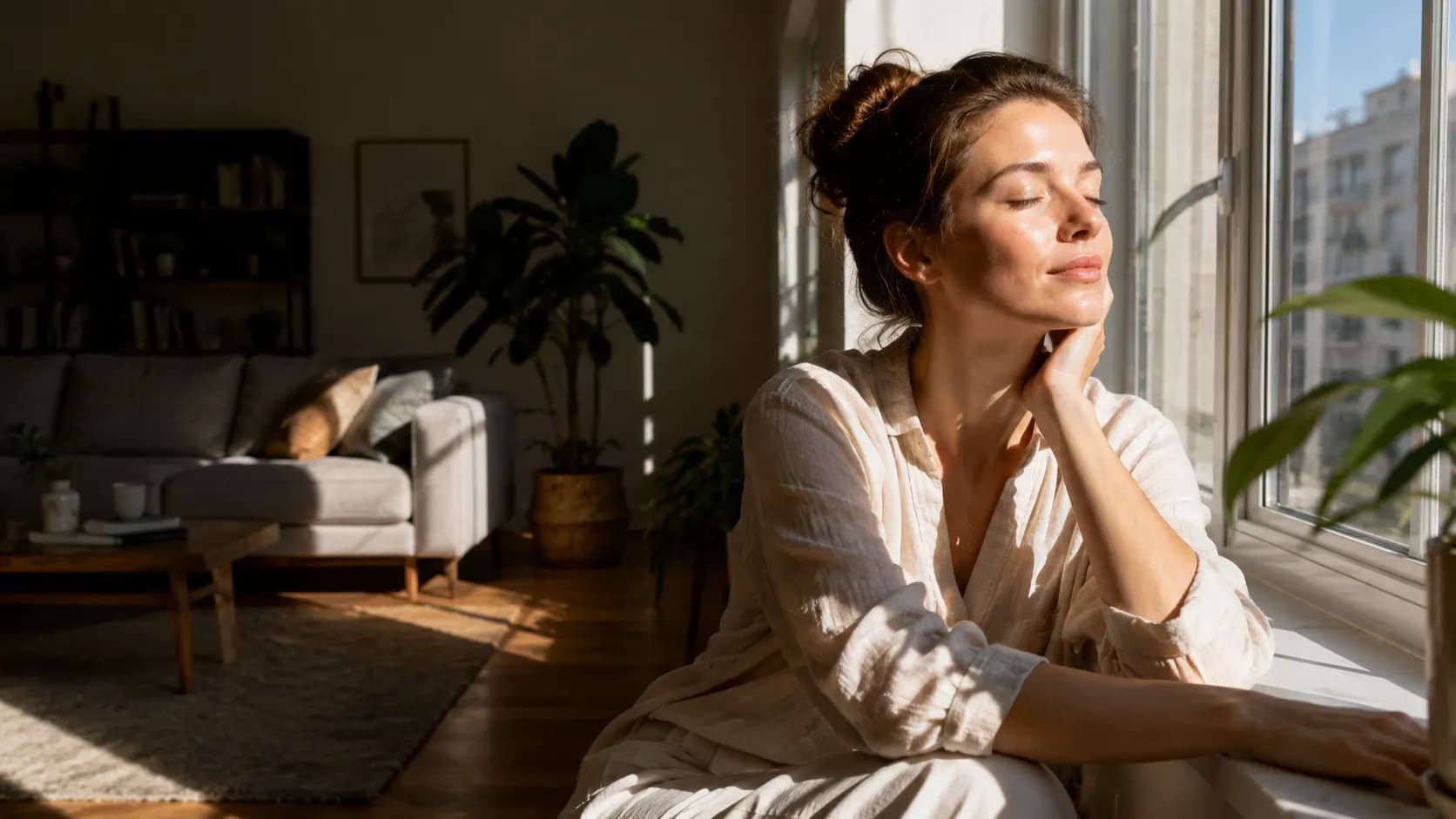 Sunlight reaching a person seated near a window while the deeper part of the room remains shaded.