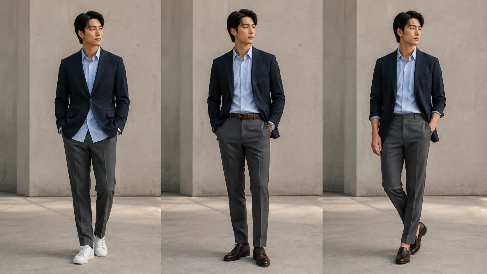 Three styling variations using the same shirt, trousers and jacket with different proportions and shoes.