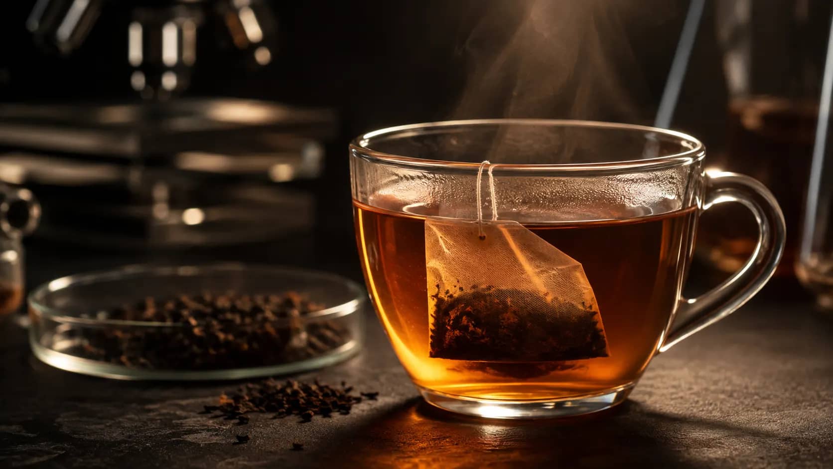 A tea bag steeping in a transparent glass cup of amber tea.