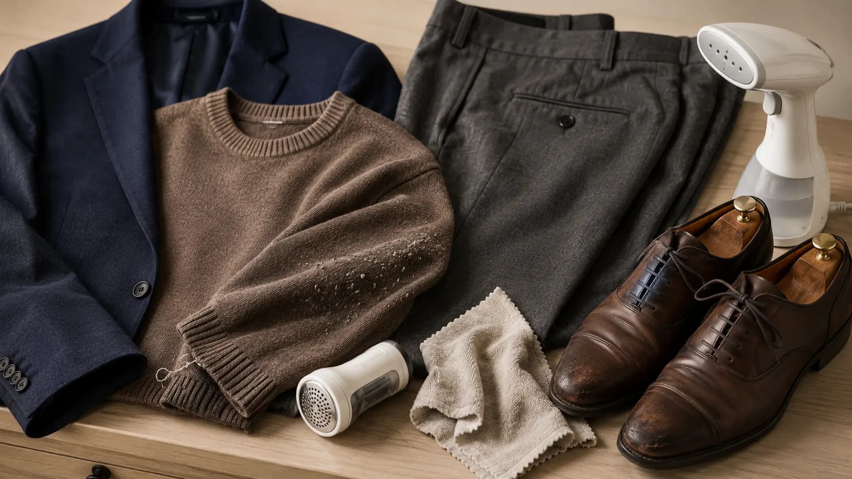 Clothing and shoes showing small signs of wear beside simple garment-care tools.