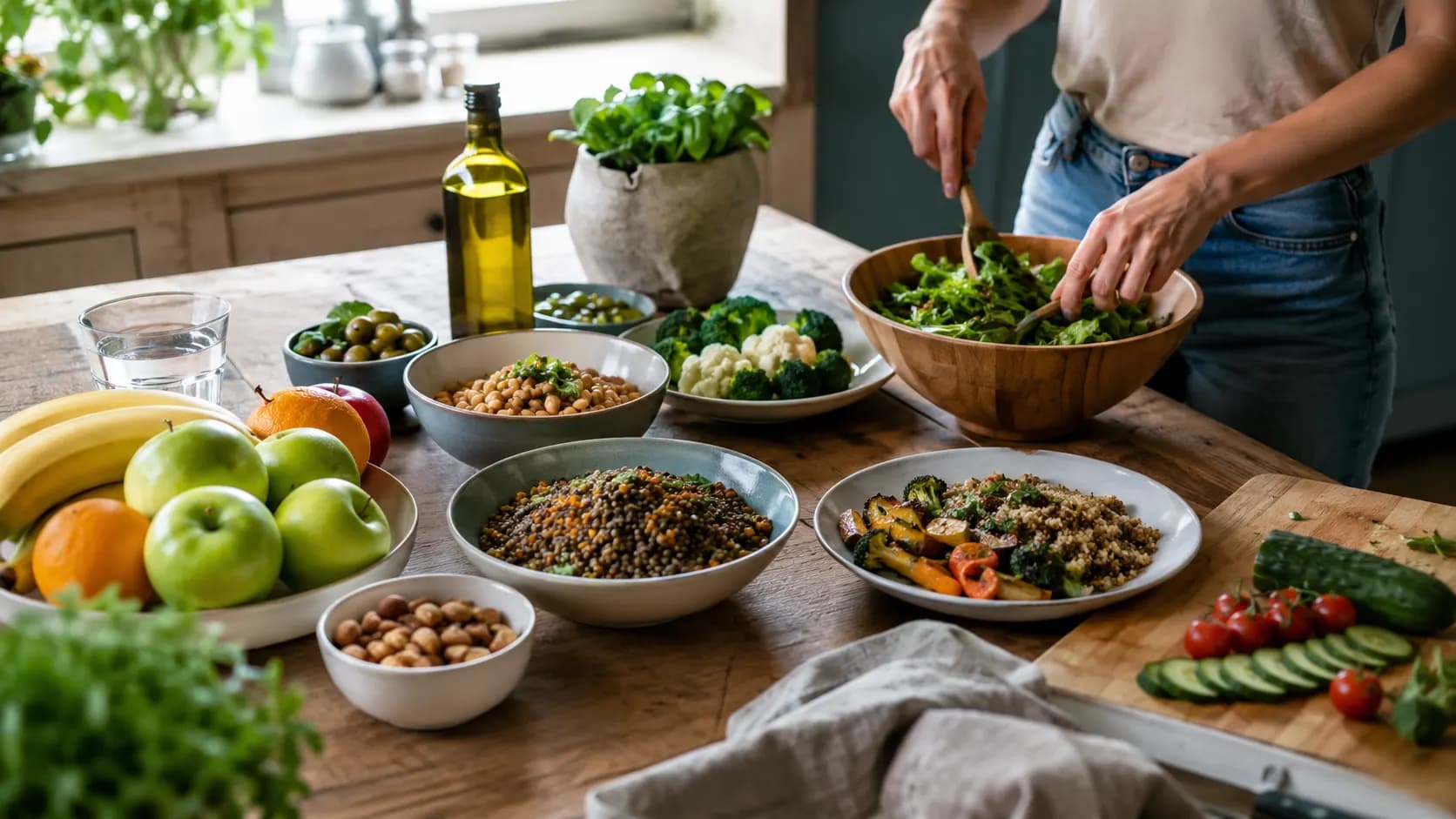 Olive oil, beans, vegetables, fruit and nuts prepared as everyday alternatives to foods higher in saturated fat.