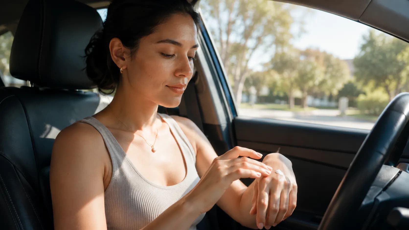 A person applying sunscreen inside a car while sunlight enters through the side window.