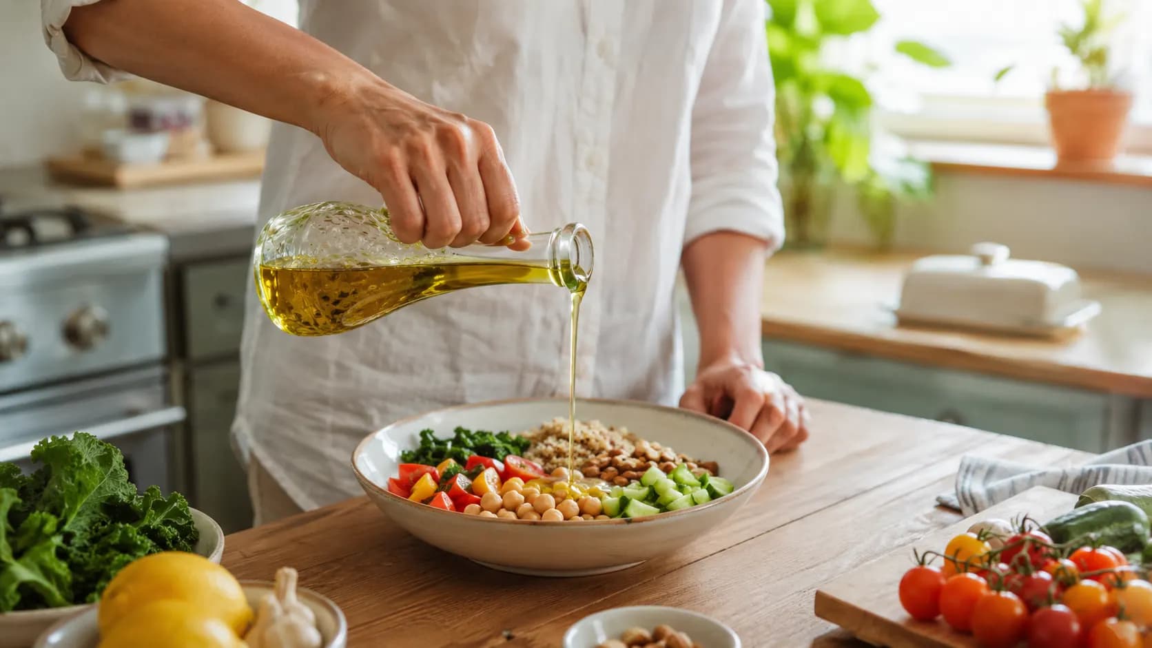 A person using olive oil to prepare a meal with vegetables, chickpeas and whole grains.