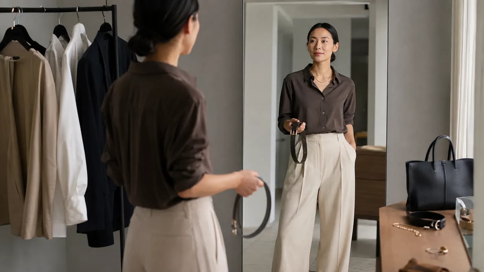 A person checking an outfit in the mirror after removing one accessory.