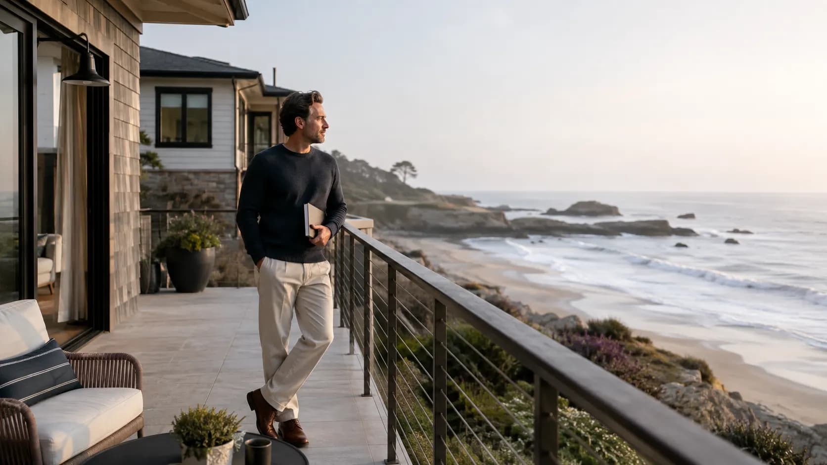 A person looking out from a seaside home while considering practical details of coastal living.