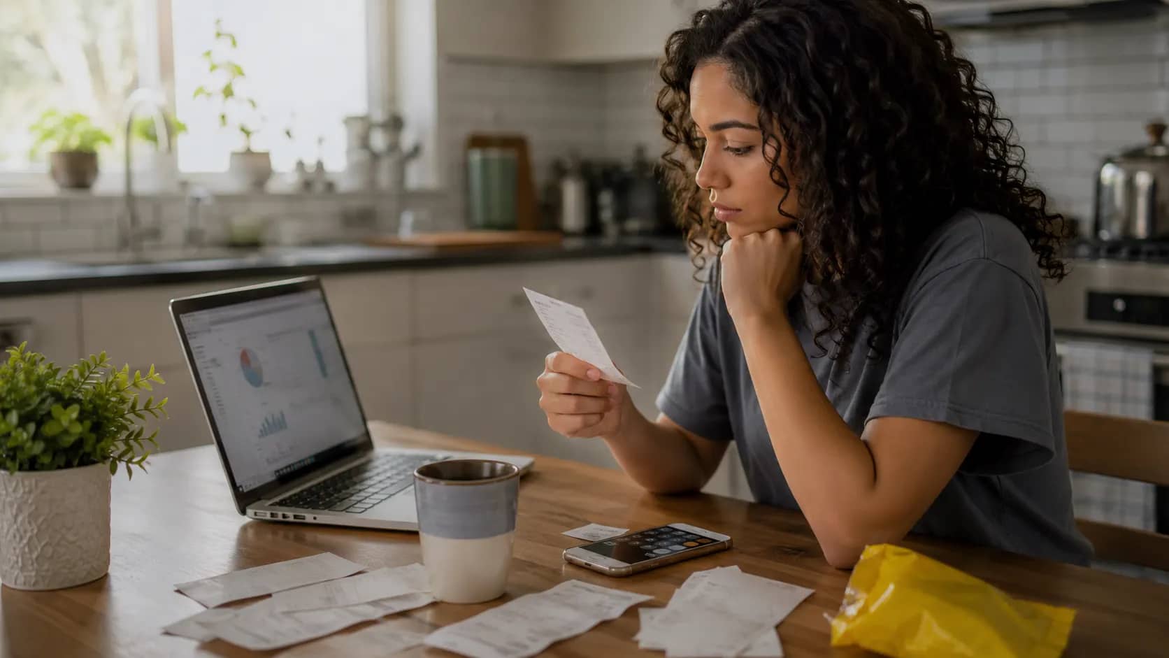 A person reviewing small receipts and phone payments at a kitchen table.