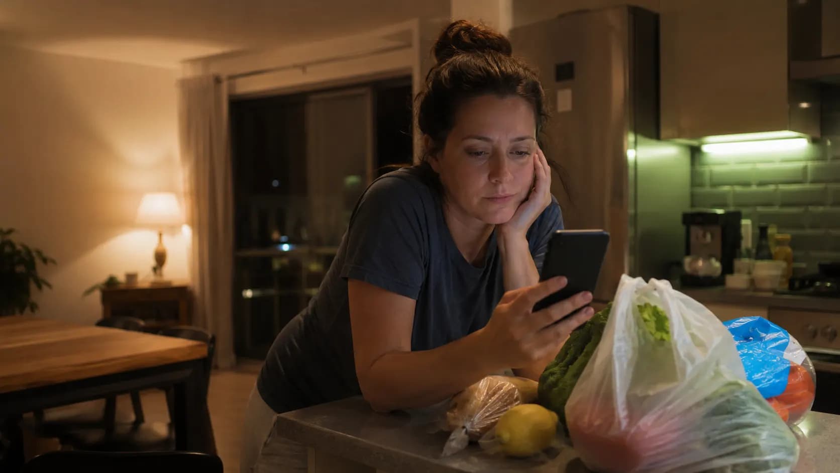 A tired person looking at a food delivery app while standing near groceries.