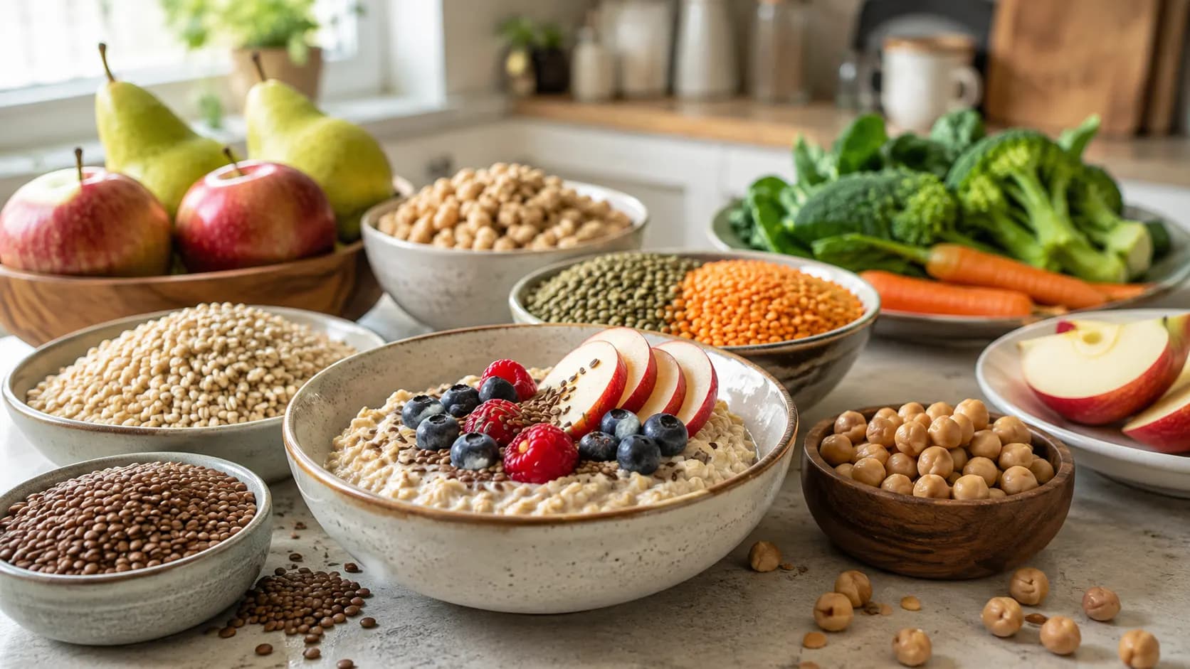 Oatmeal with fruit beside barley, lentils, chickpeas and other foods containing soluble fiber.