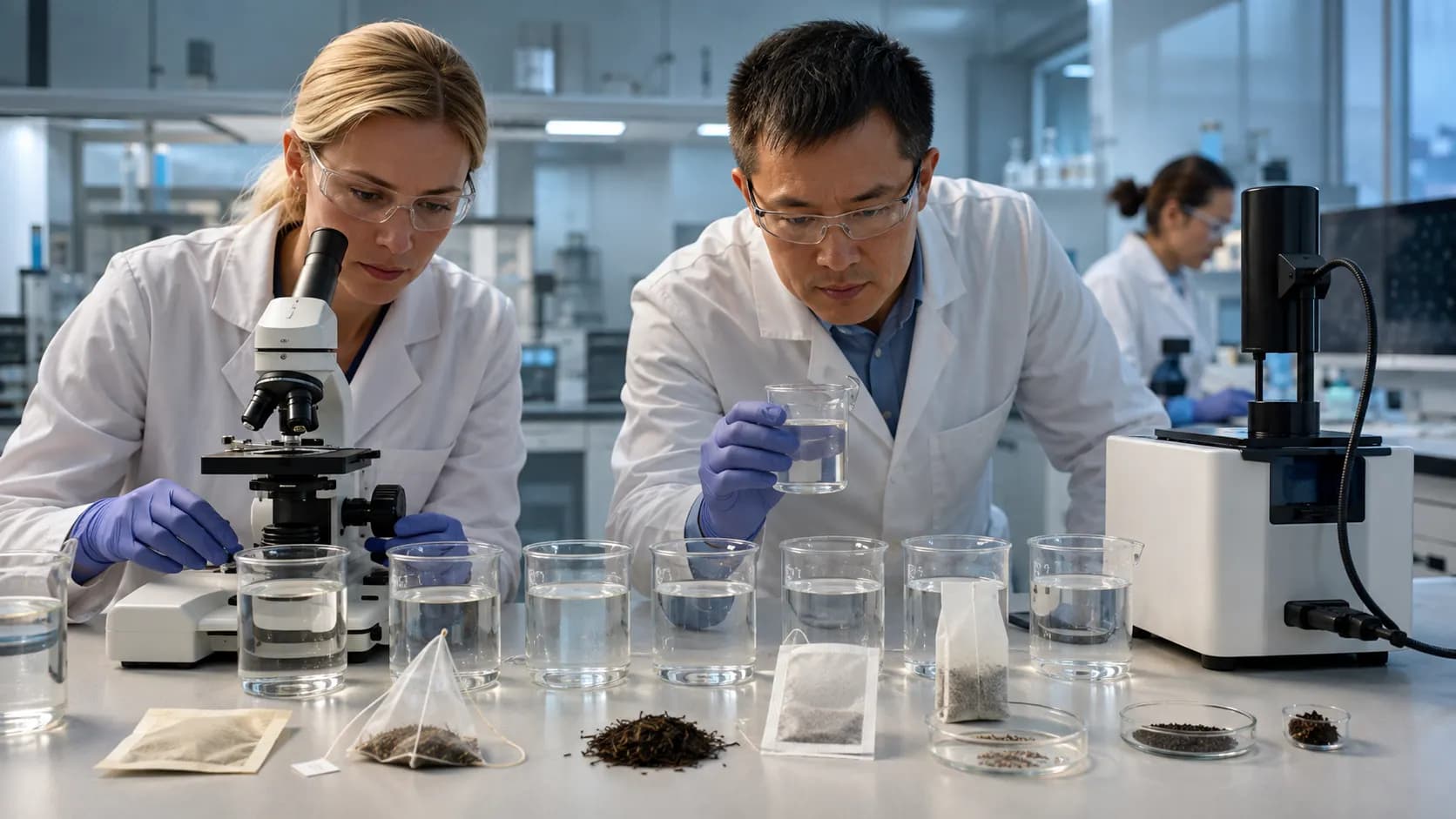 Scientists analyzing separate water samples from different tea-bag materials in a laboratory.