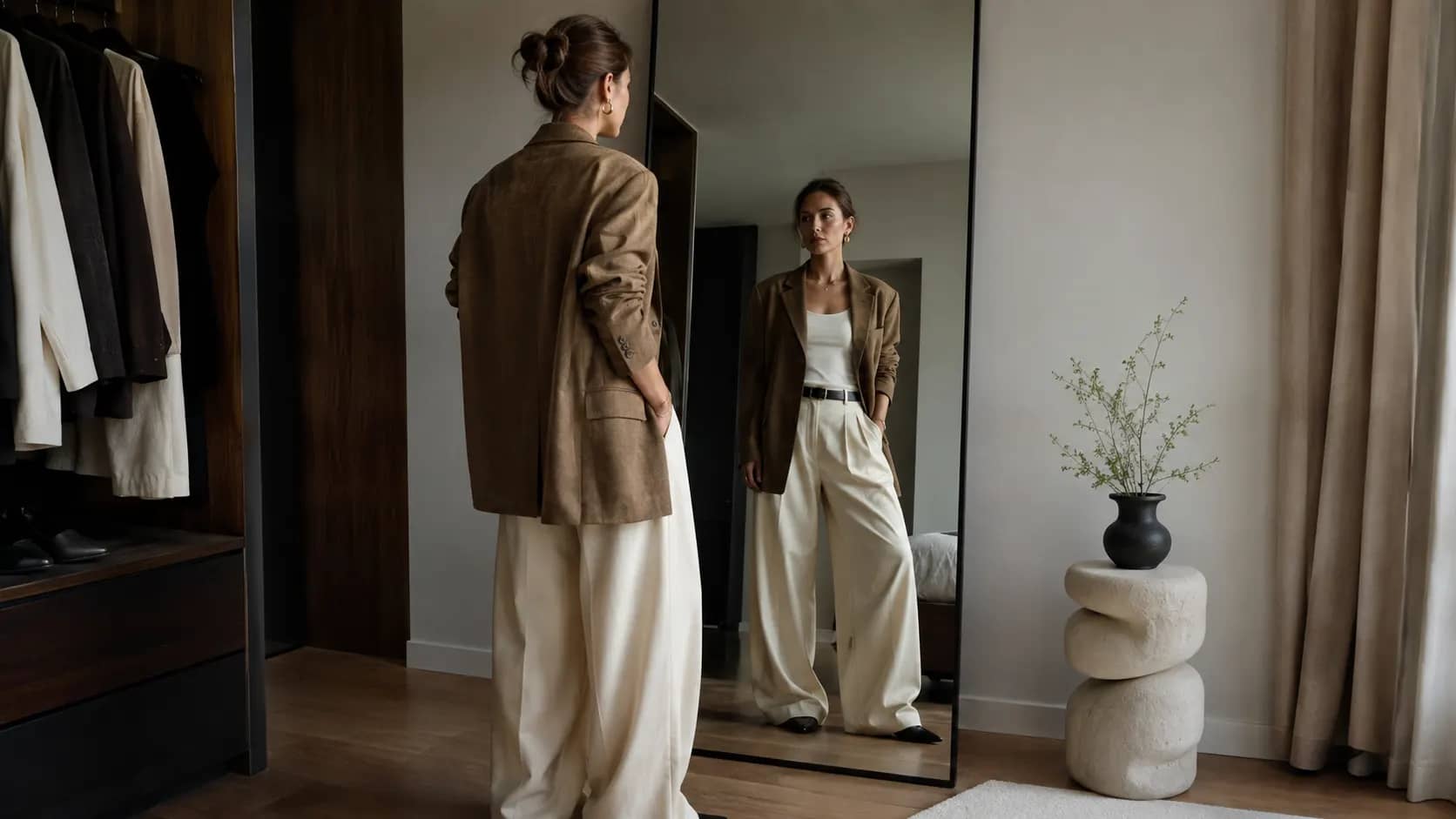 A person examining the proportions of a stylish outfit in a full-length mirror.