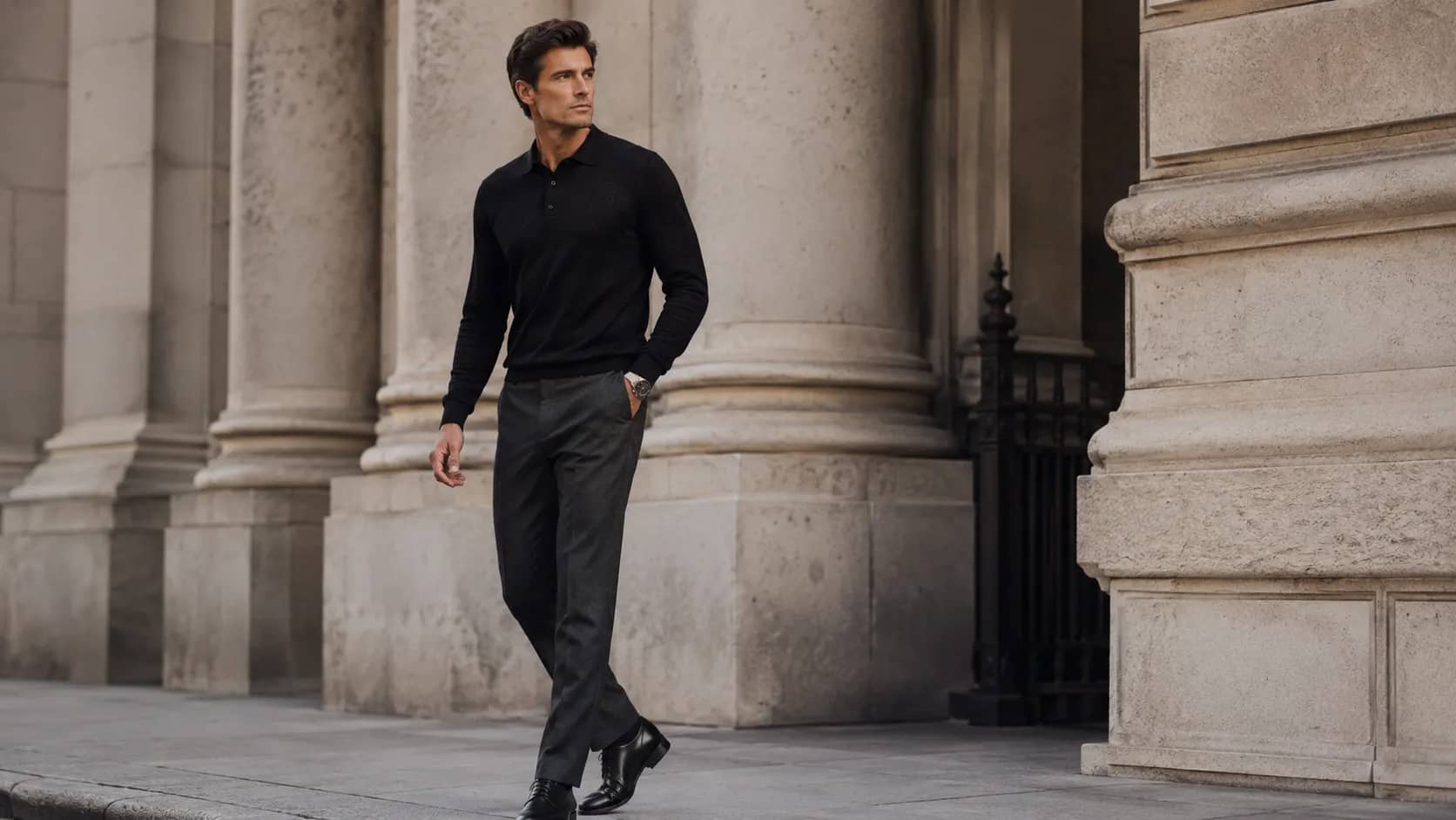 A person wearing a polished outfit with tailored trousers, a simple top and clean leather shoes.