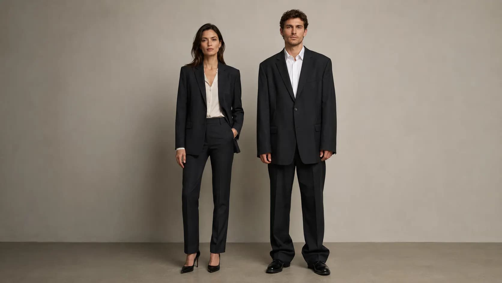 Two similar outfits demonstrating the visual difference between balanced fit and awkward proportions.