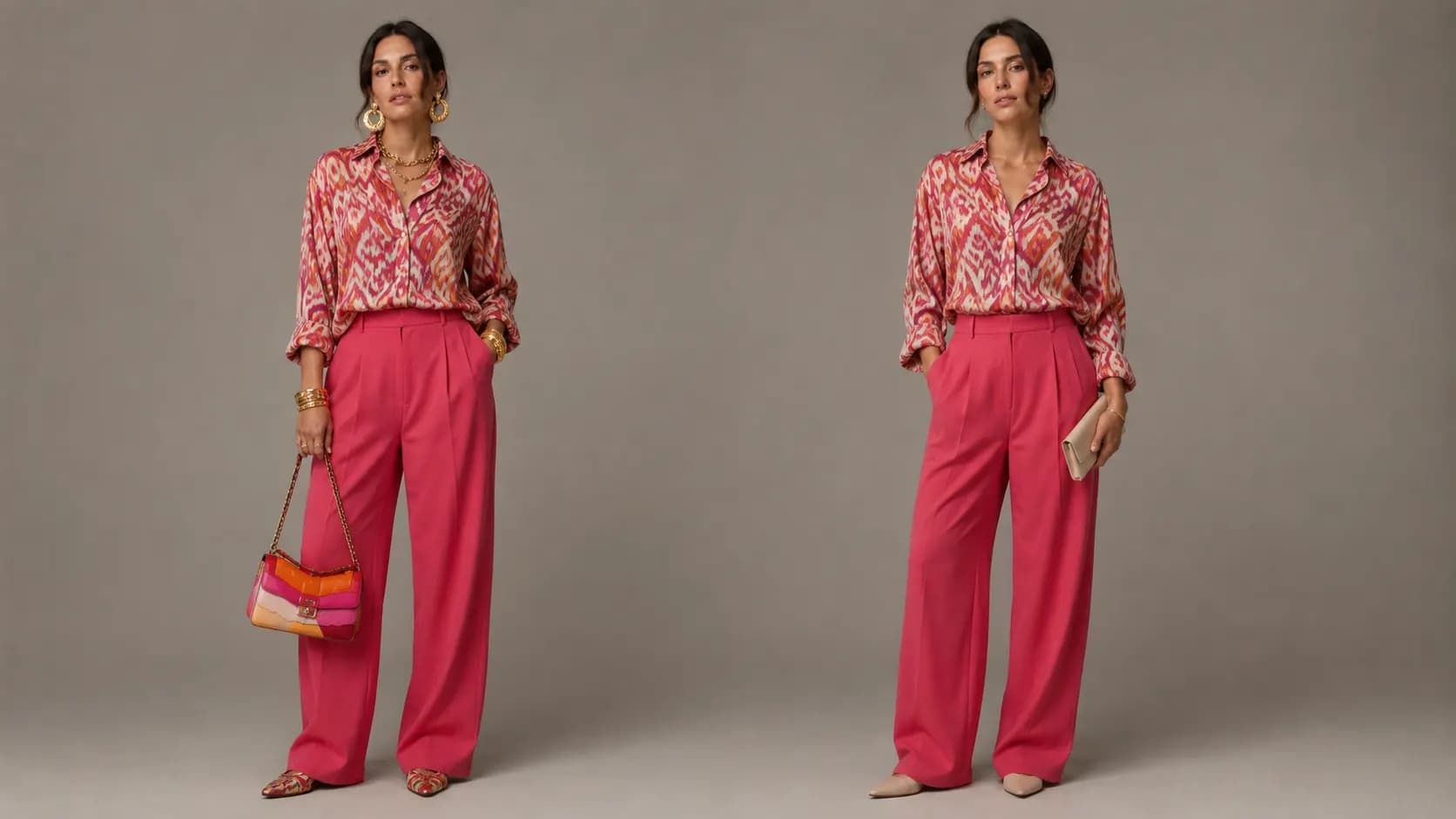Two versions of the same colourful outfit, one with many competing accessories and one with a clearer focal point.
