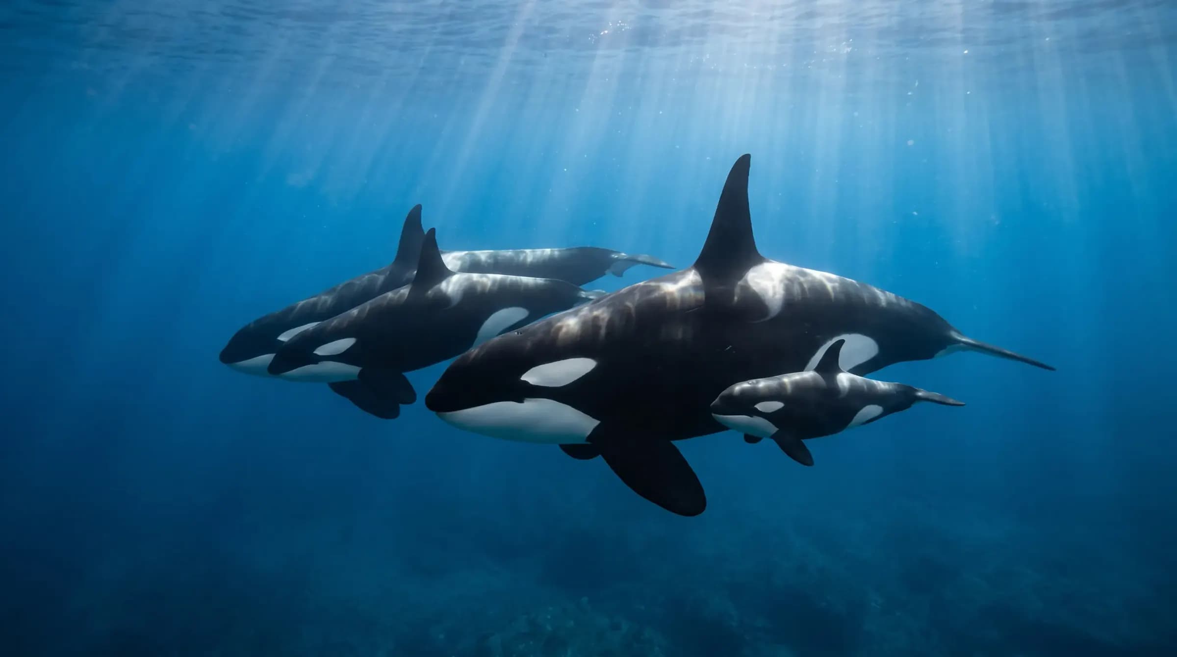 An adult female orca swimming closely with a calf and other pod members.