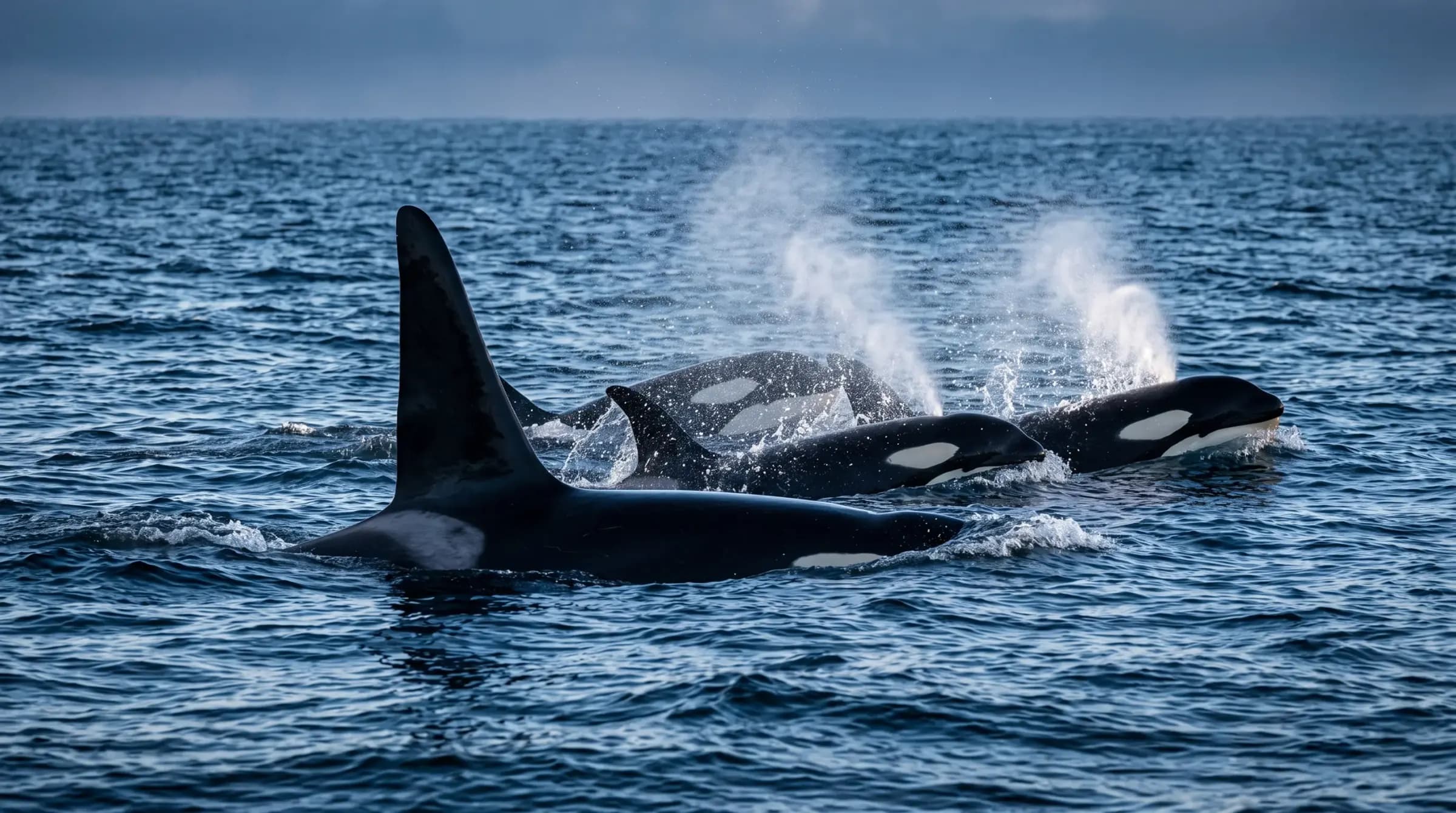 A pod of orcas surfacing together in the open ocean.