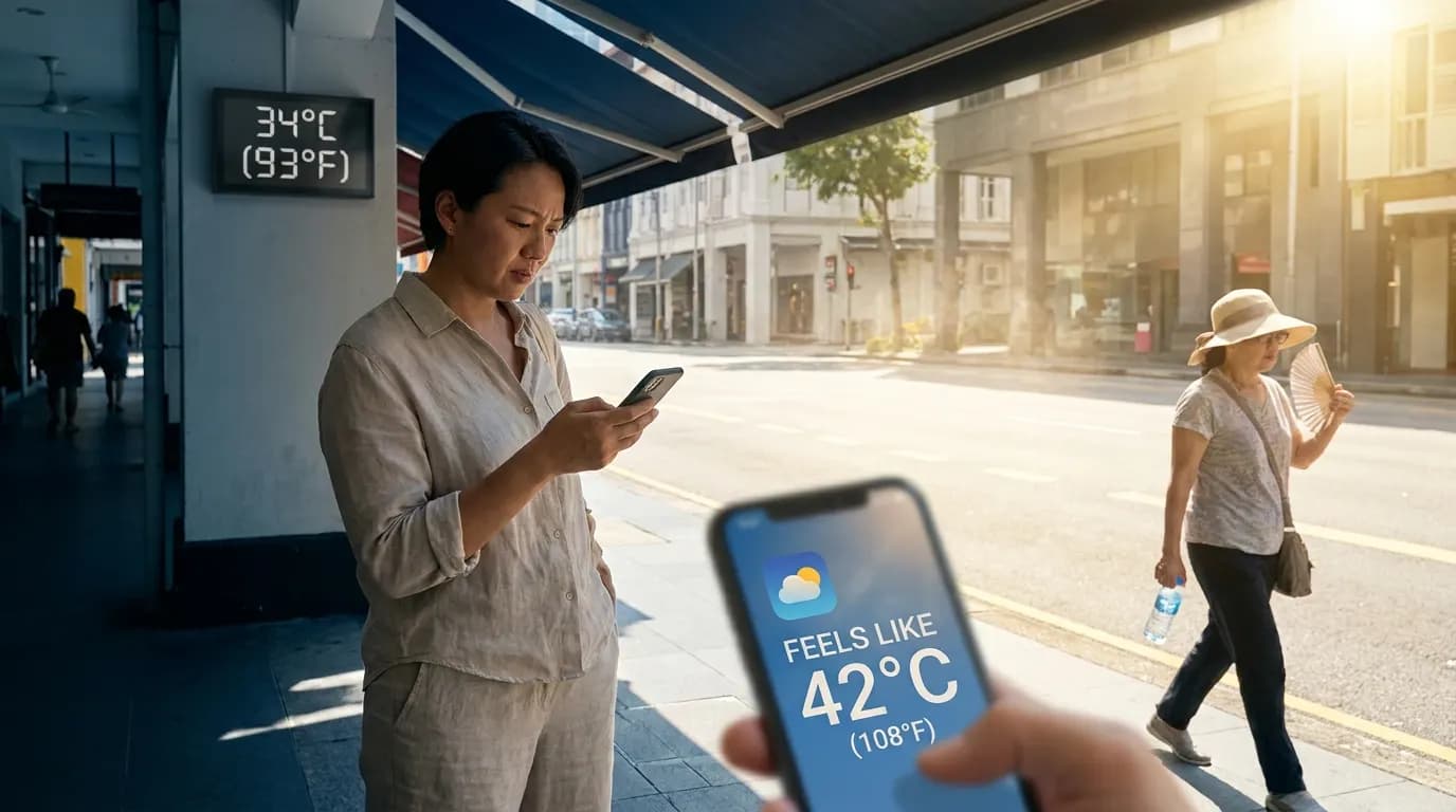 Adult checking a weather forecast on a smartphone while standing in deep shade beside a sun heated city street on a very hot day.
