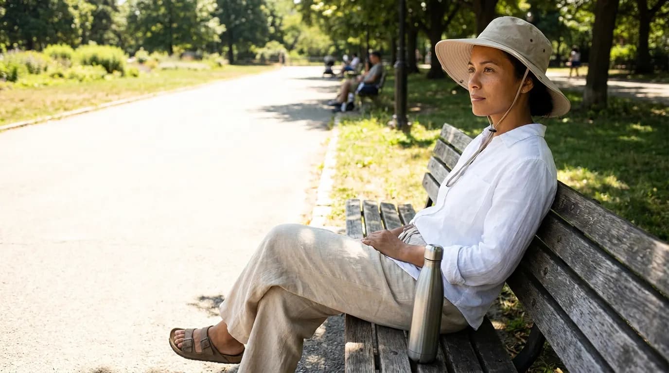Adult resting on a shaded bench with a water bottle during intense hot weather.