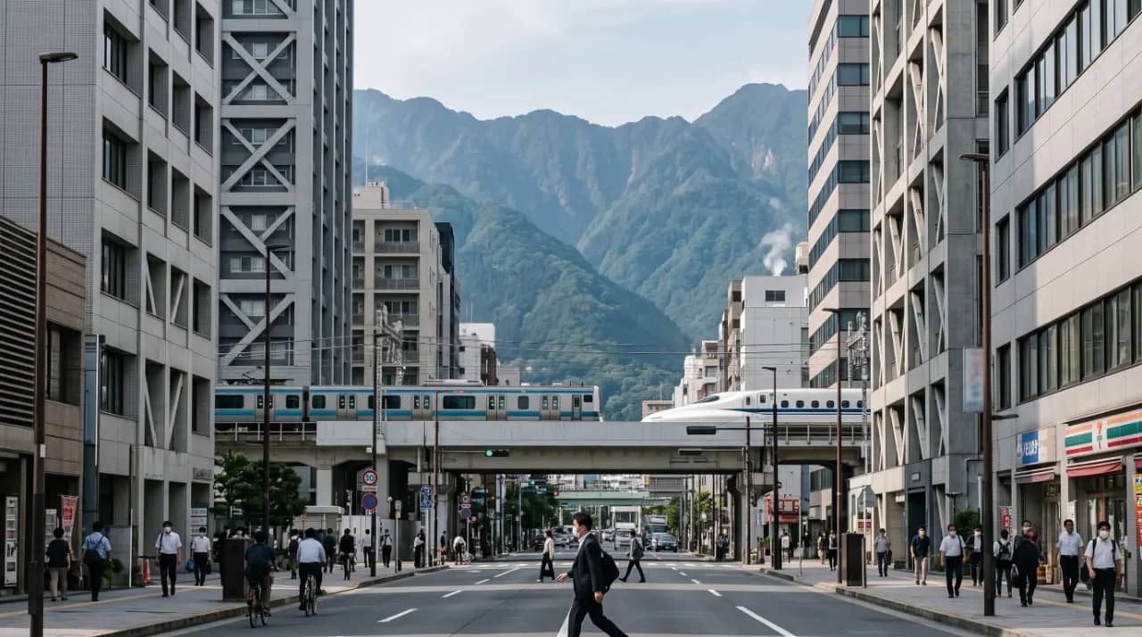 Modern Japanese city with high-rise buildings, railway infrastructure and distant mountains in an earthquake-prone region