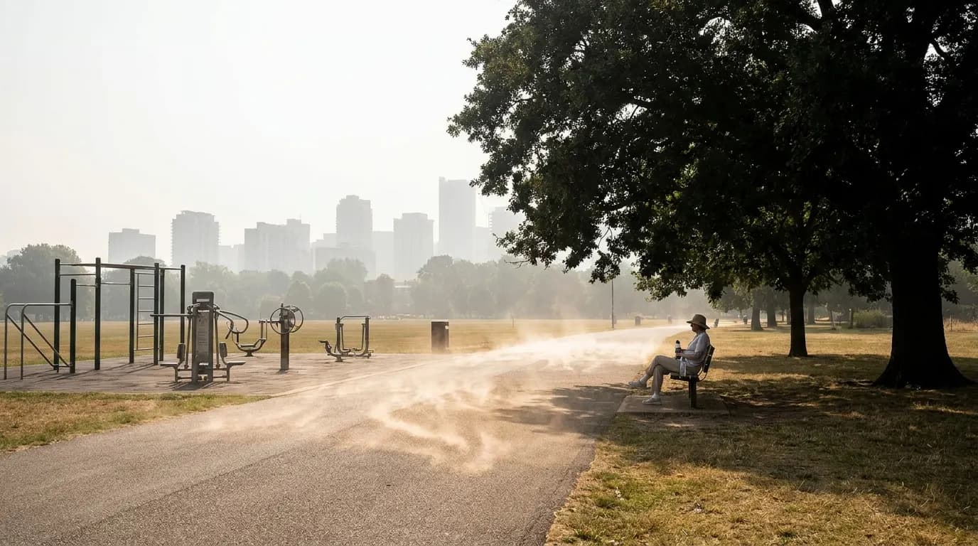 Public park during intense hot weather with visible heat shimmer and one person resting in deep shade with water.