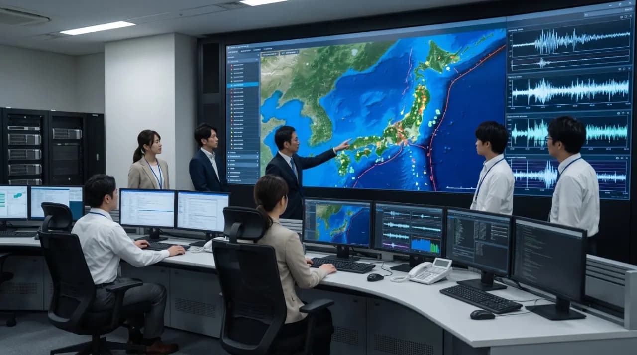 Seismic monitoring staff observing earthquake data in a modern Japanese control room.
