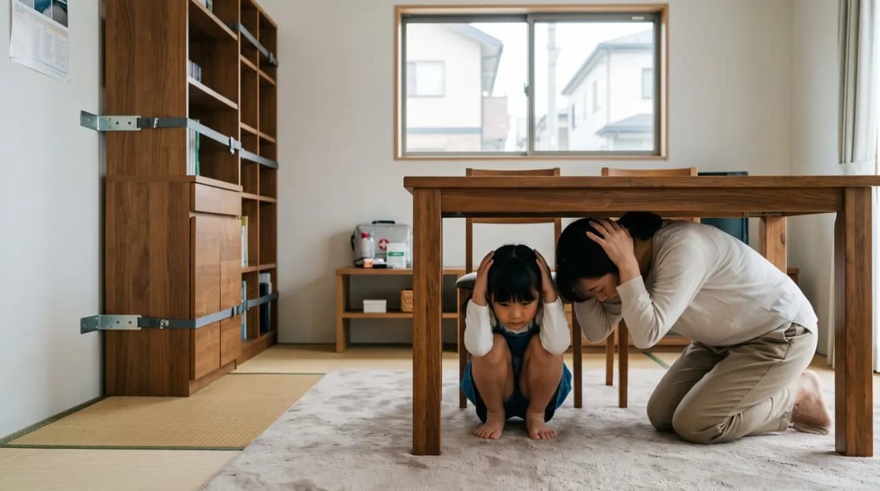 Adult and child practising drop, cover and hold on beneath a sturdy table.