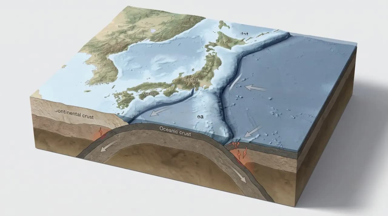 Geological cutaway showing oceanic tectonic plates descending beneath the Japanese islands