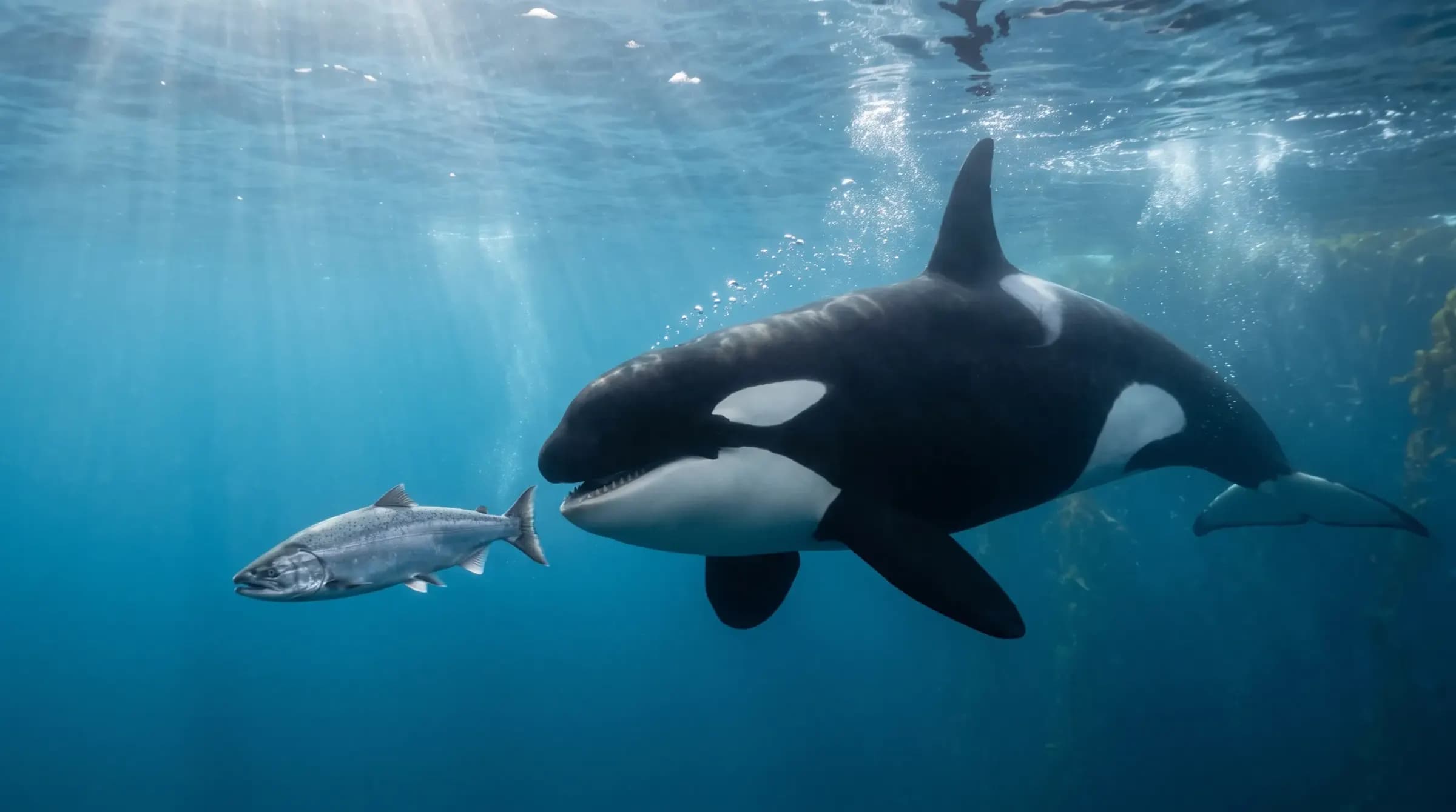 An orca pursuing a salmon beneath clear coastal water.