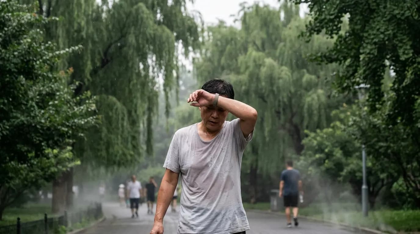Adult walking slowly through a park on a hot humid afternoon with visible perspiration and heavy summer air.