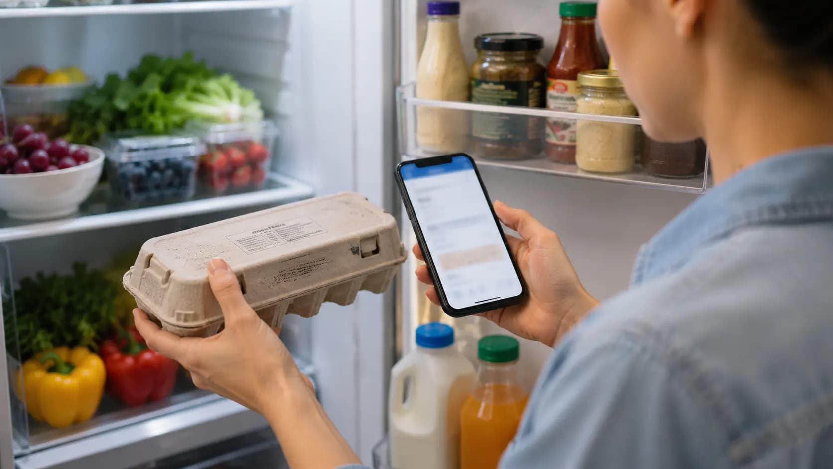 A person checking identification details on an egg carton while viewing recall information on a phone.