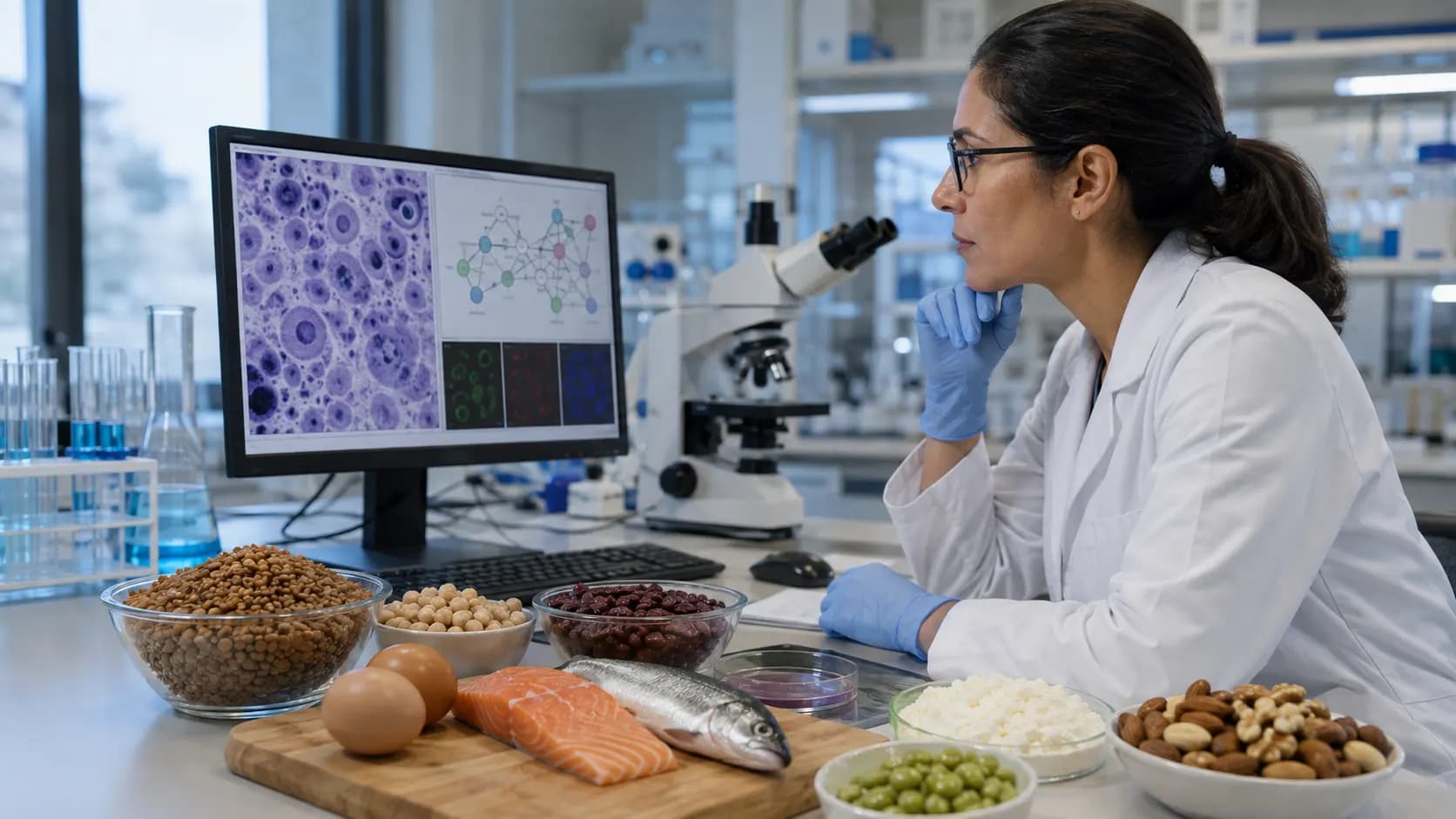 A nutrition scientist studying cell cultures beside several everyday protein foods.