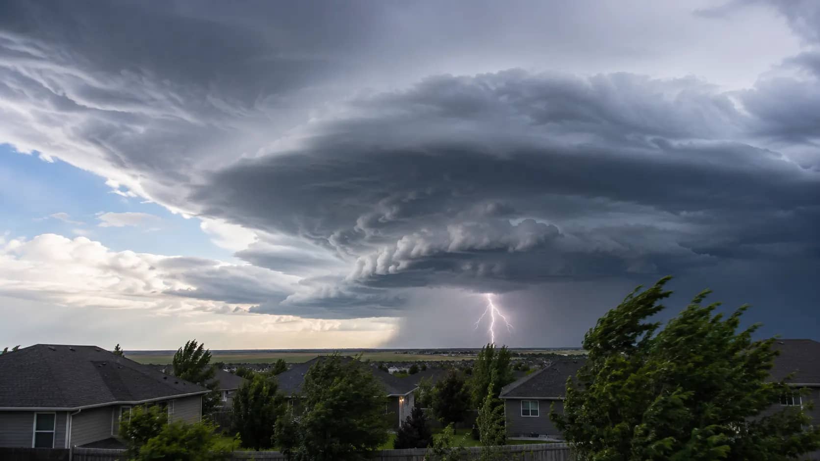 A towering dark thunderstorm approaching a landscape with distant lightning and gusty winds.