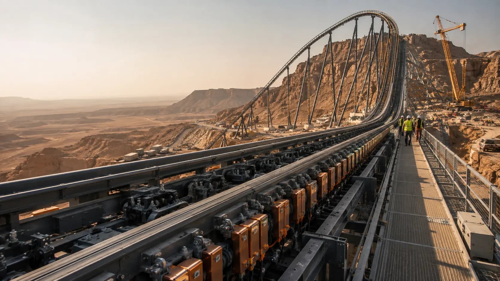 Large roller coaster track, launch components and steel supports rising above a desert construction landscape.