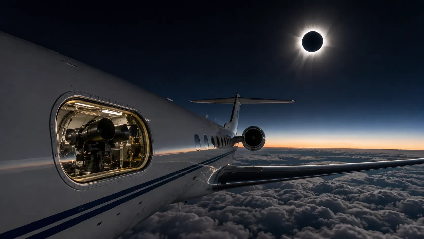 A high-altitude research aircraft flying above clouds while observing a total solar eclipse.