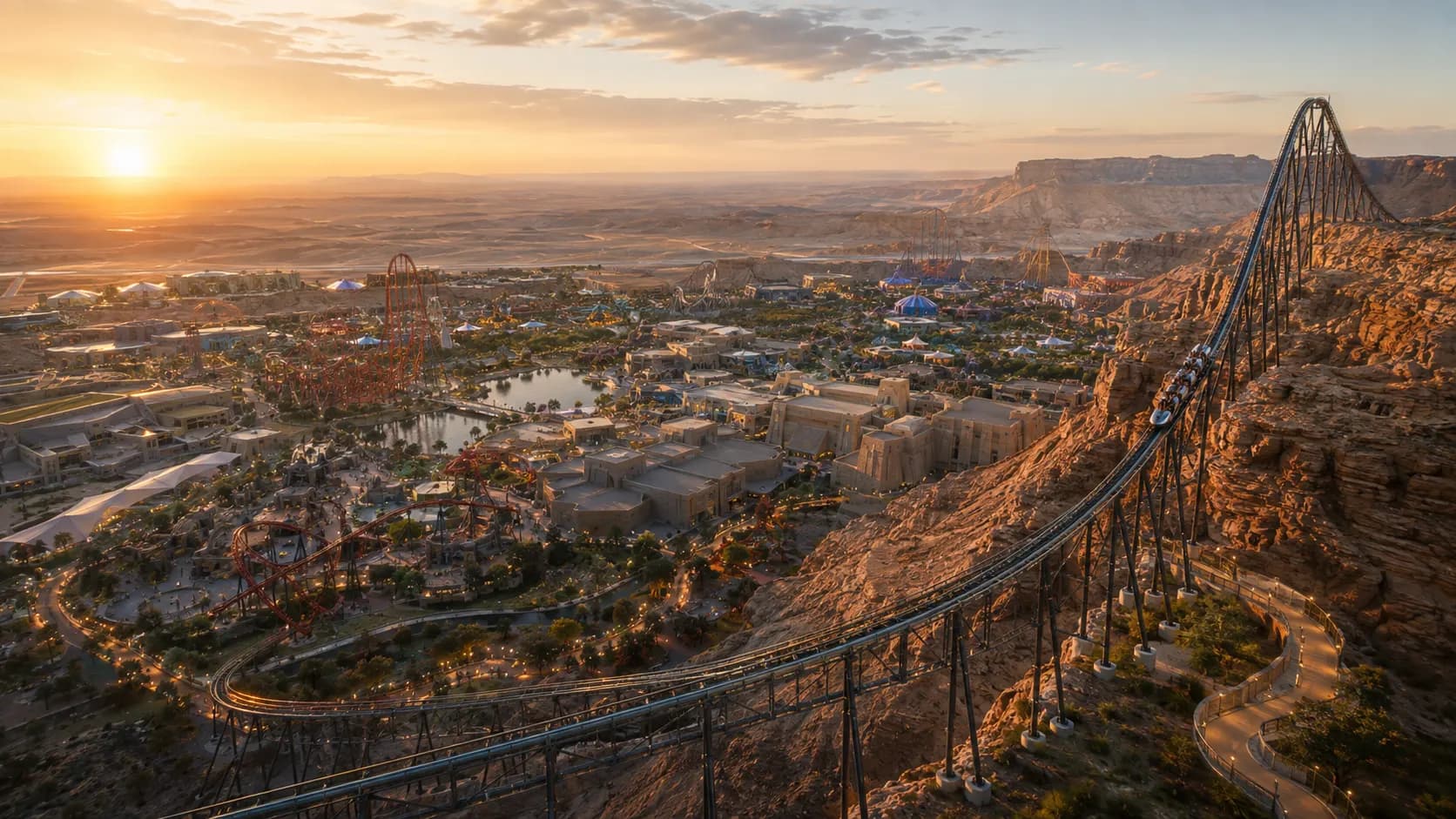 Roller coaster track climbing to the top of a sandstone cliff above a wide desert valley.