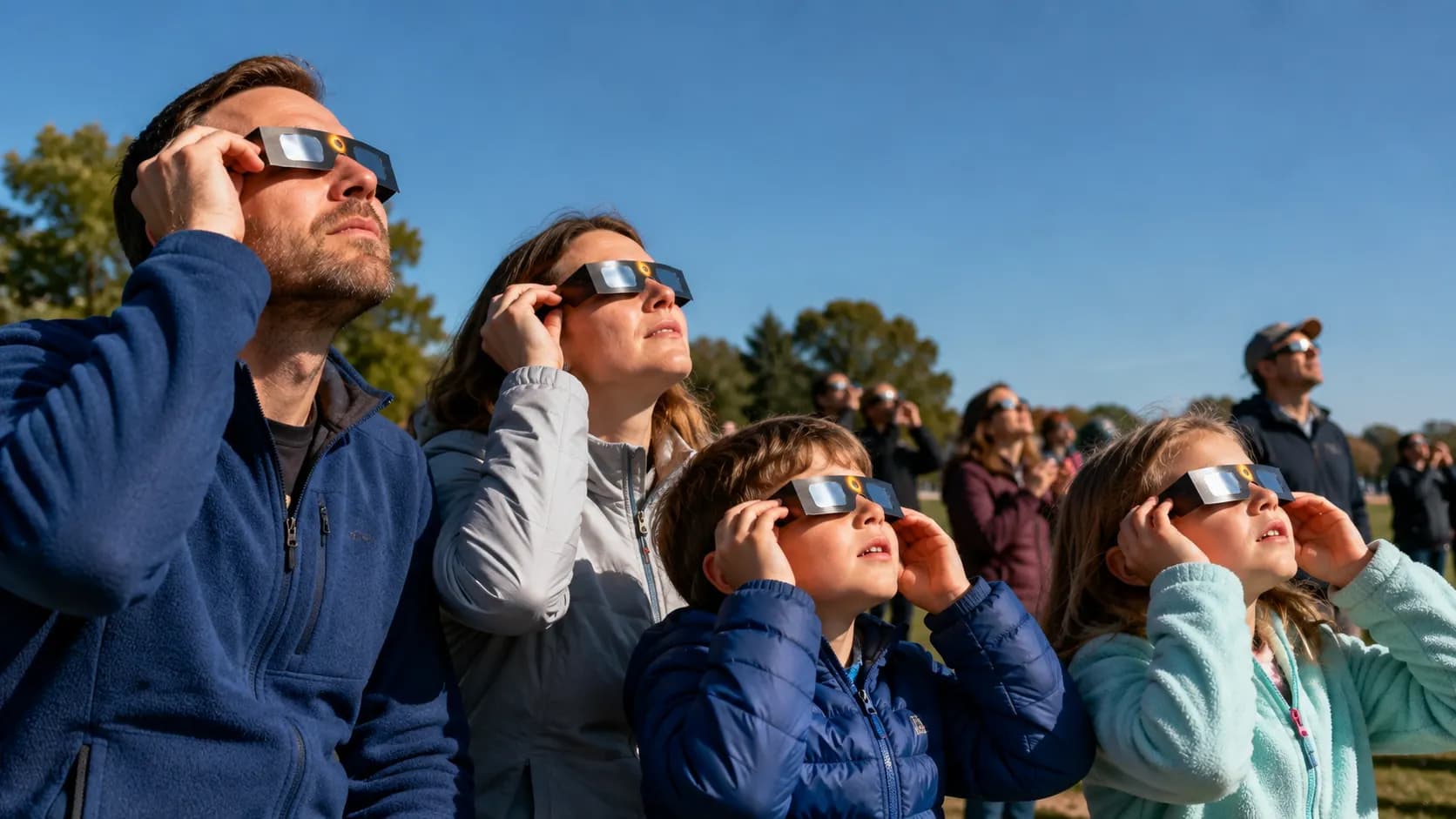 Adults and children safely viewing a partial solar eclipse through proper eclipse glasses.