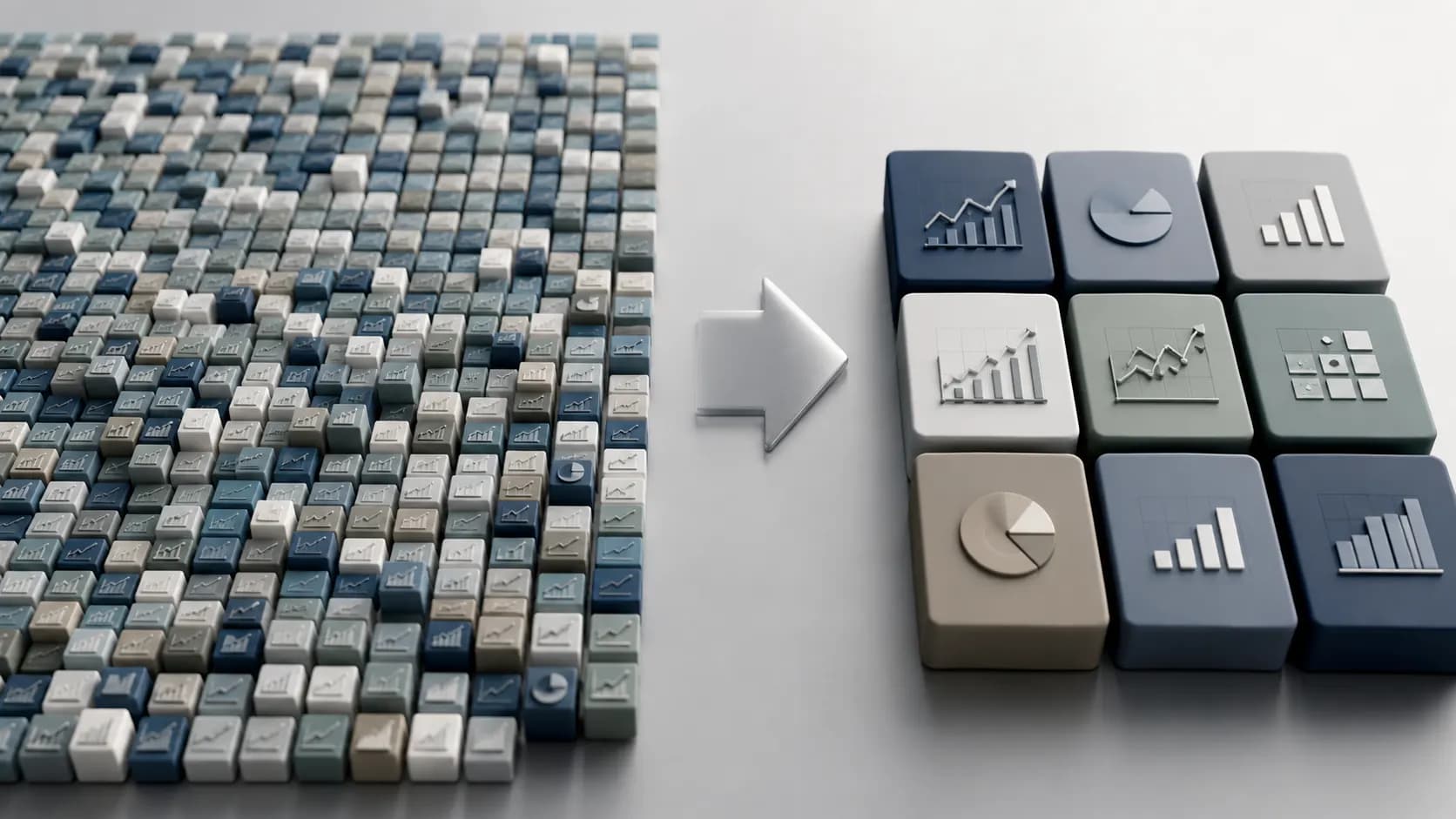 Alternative text: A broad field of company tiles beside a smaller group of larger selected tiles.