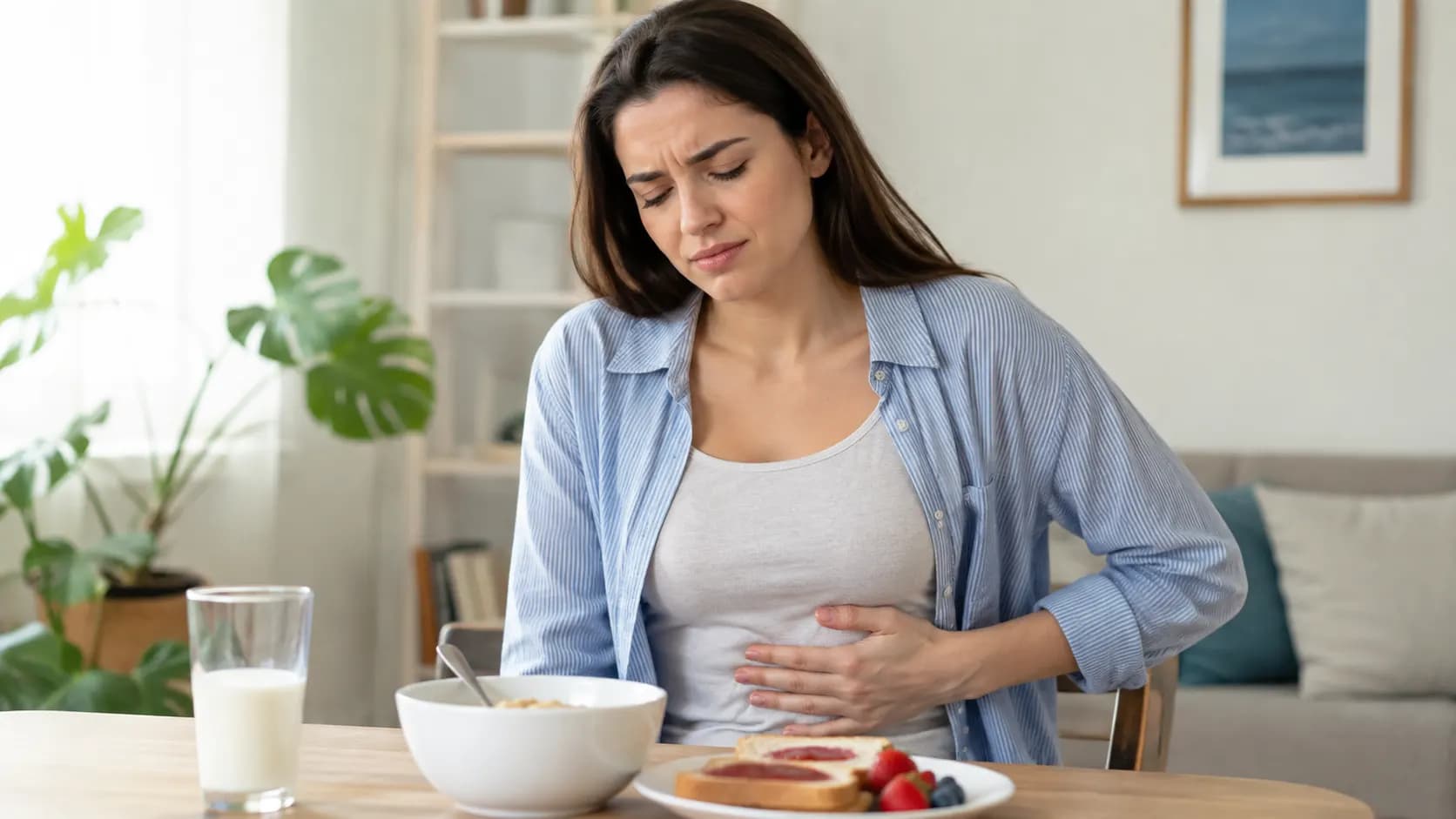 An adult experiencing mild abdominal discomfort after drinking milk at breakfast.