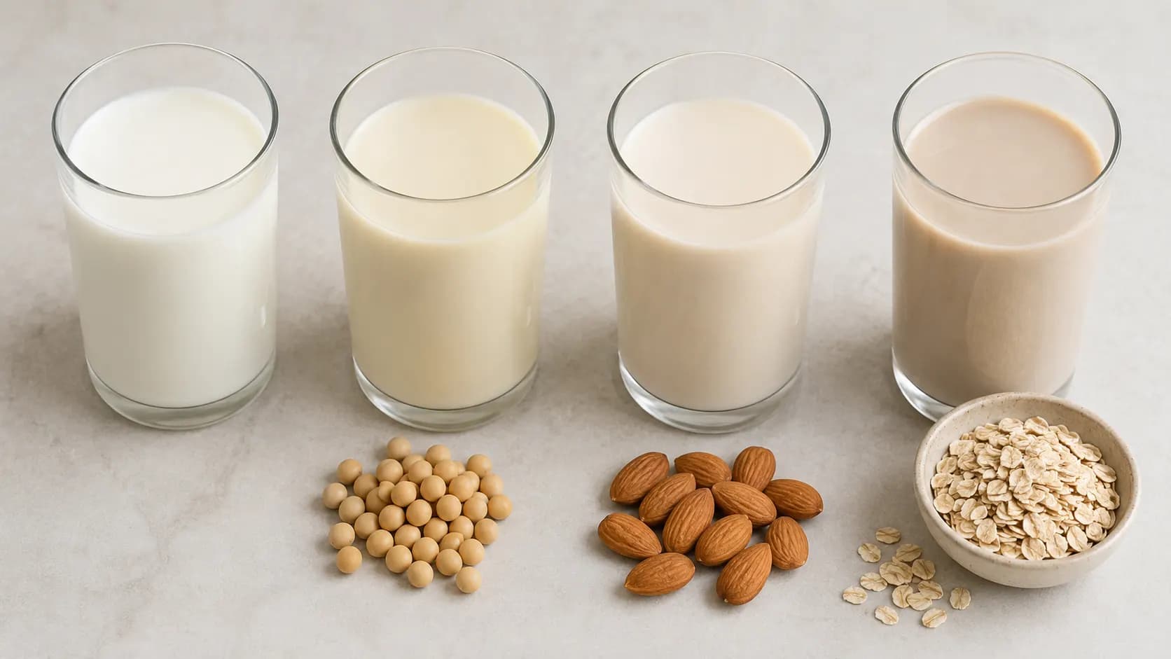 Separate glasses of cow's milk, soy drink, almond drink and oat drink with their source foods nearby.