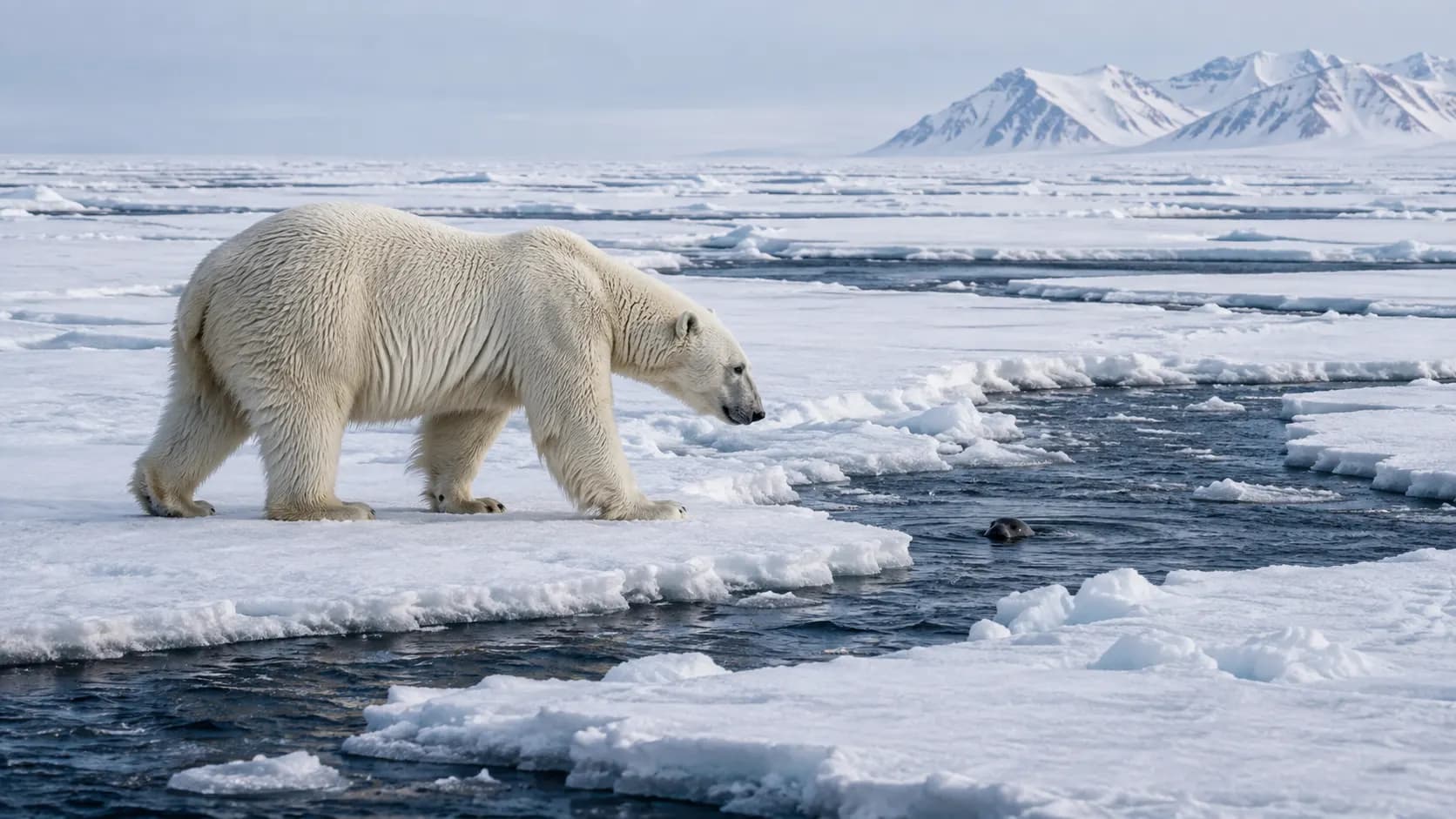 A polar bear travelling across Arctic sea ice near open-water leads used by seals.
