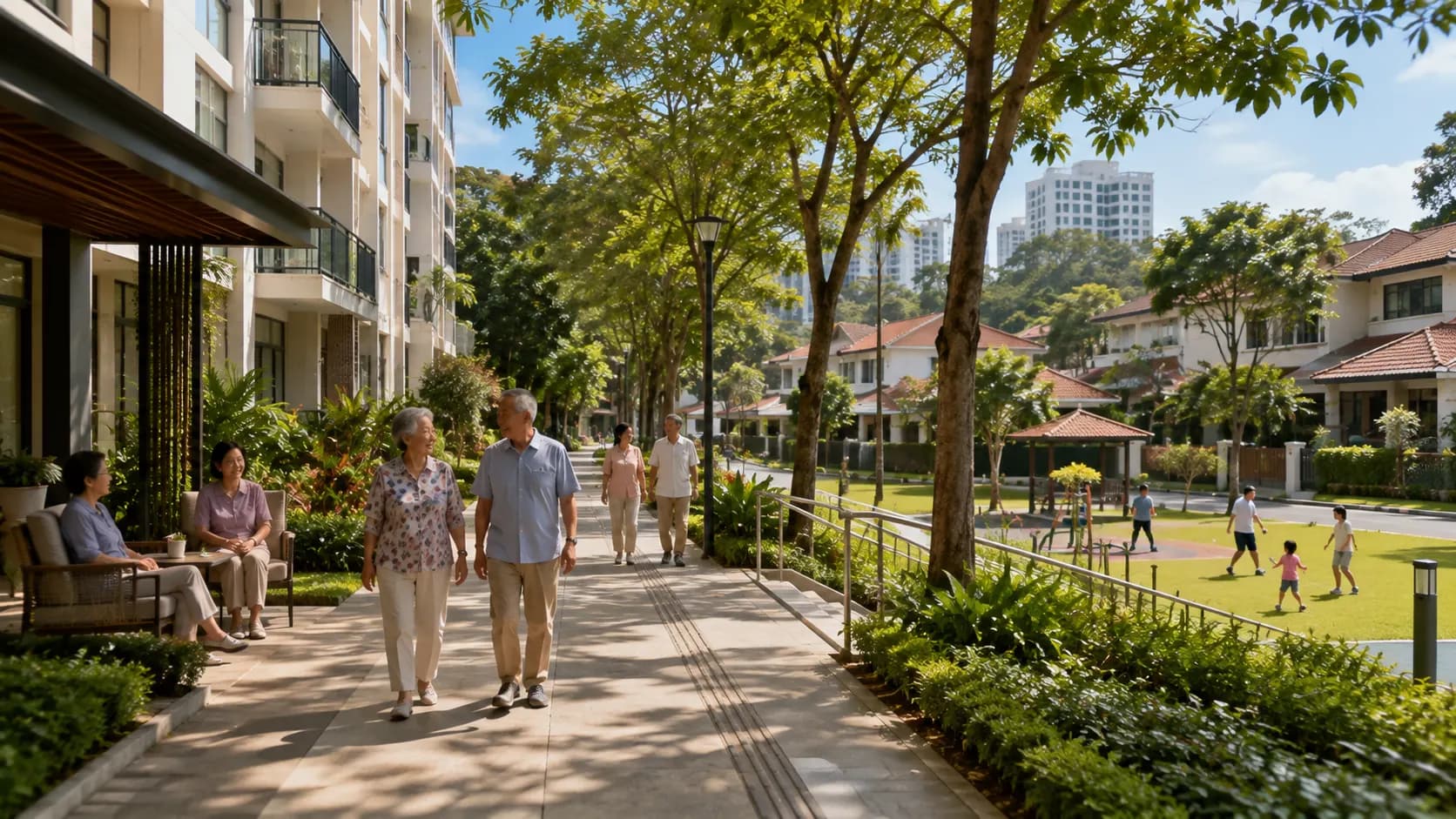 Older adults walking between a senior-living development and a landscaped neighbourhood park in Singapore.