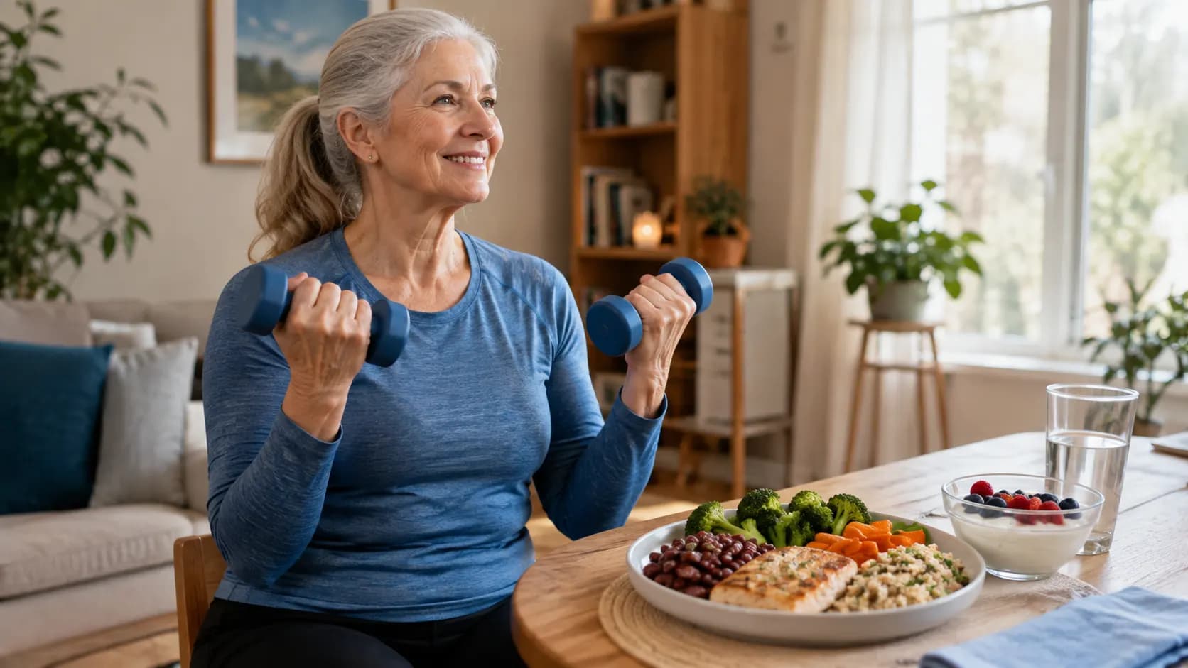 An older adult doing a light resistance exercise beside a balanced protein-containing meal.